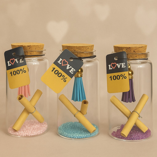 Set of 6 Decorative Love Message Glass Bottles with Cork Lid & Color Tassel | 100% Love Mini Wish Bottles with Scrolls & Beads | Romantic Handmade Gift Bottles for Home Décor, Return Gifts & DIY Craft Projects