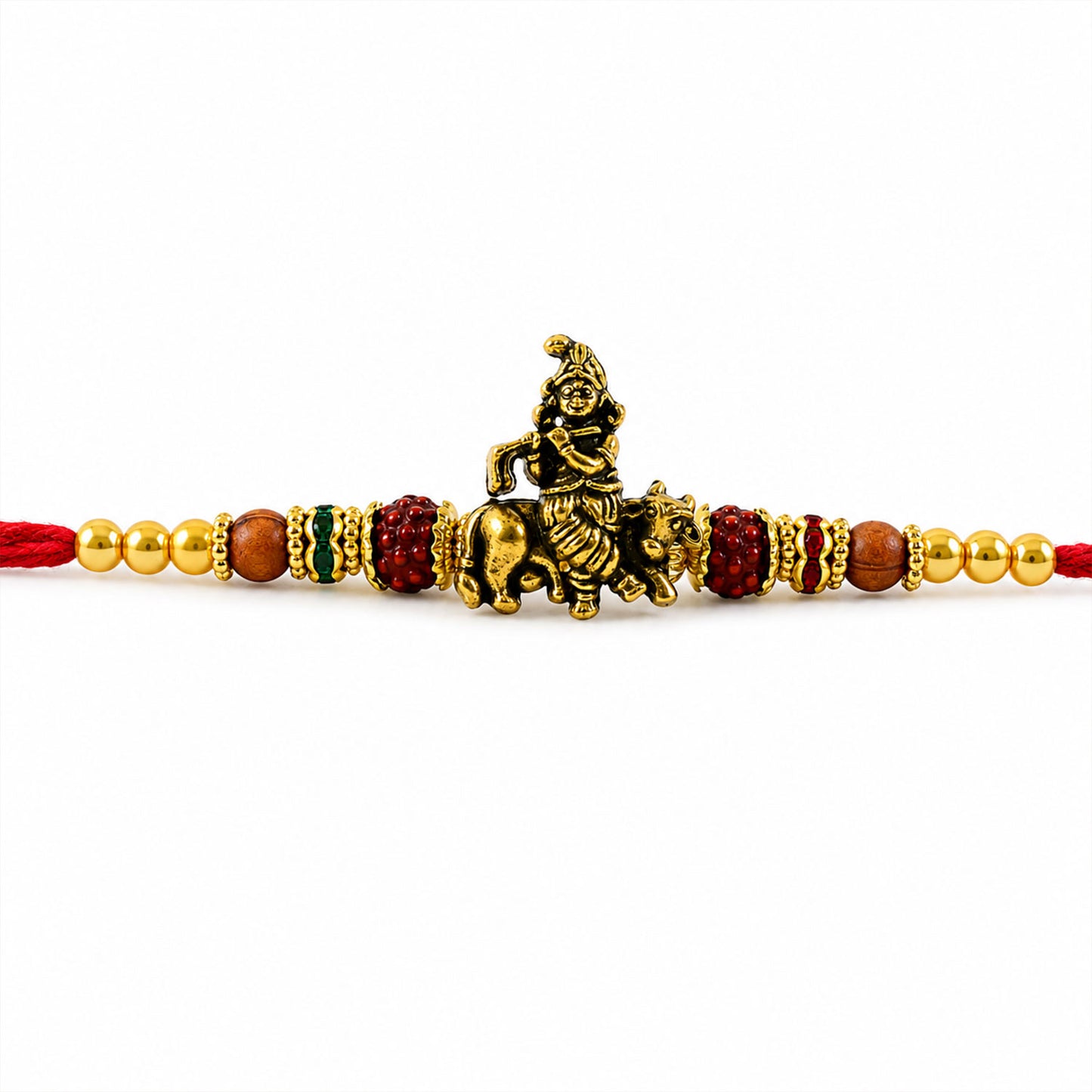 Bal Krishna Golden Devotional Rakhi with Idol Centre, Red Beads and Pearl Accents