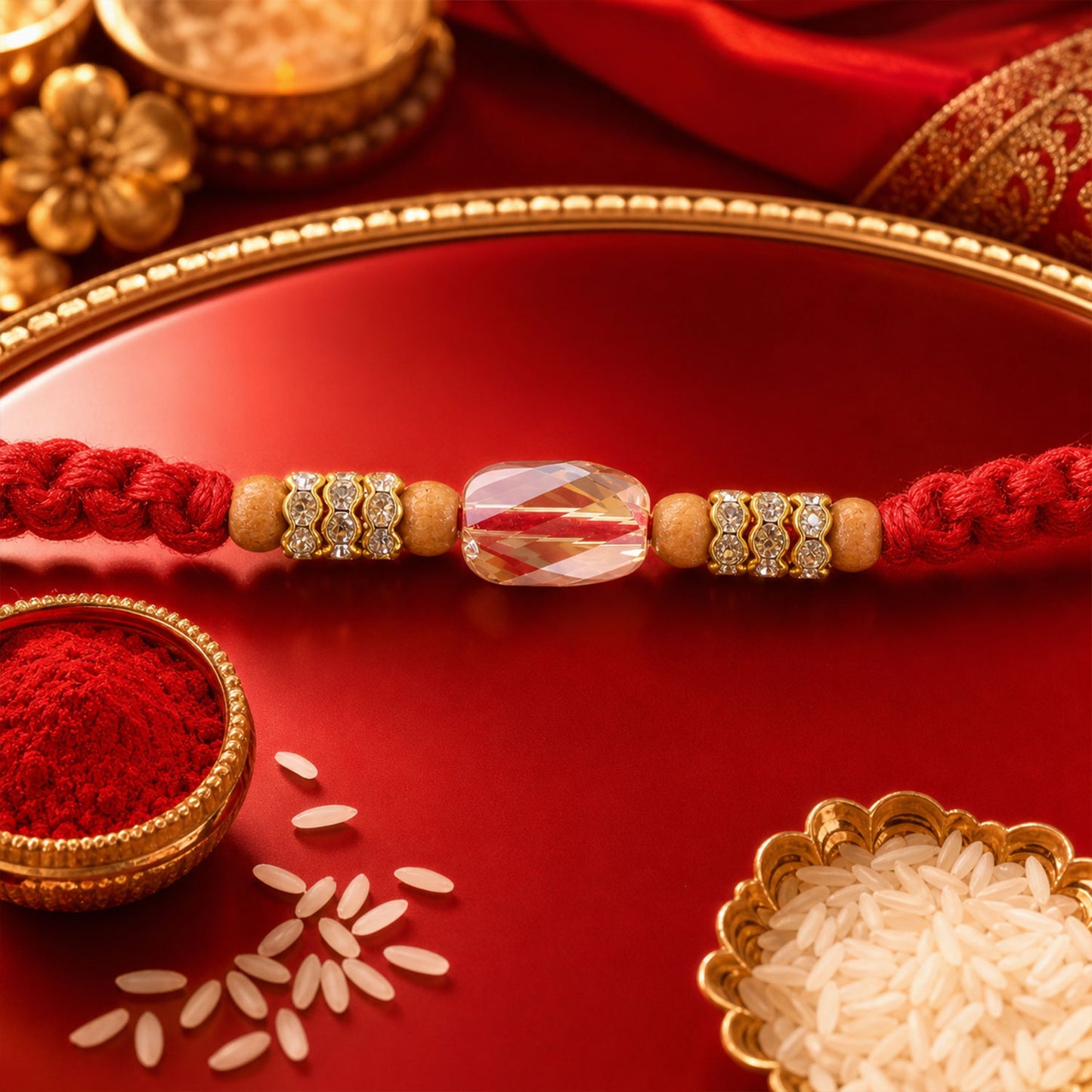 Red Thread Rakhi with Wooden Beads and a Sparkling Crystal Accent