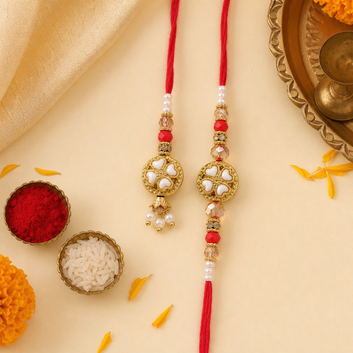 Divine Floral Medallion Bhai Bhabhi Rakhi with Flower Ring and Pearl Drops for Gift