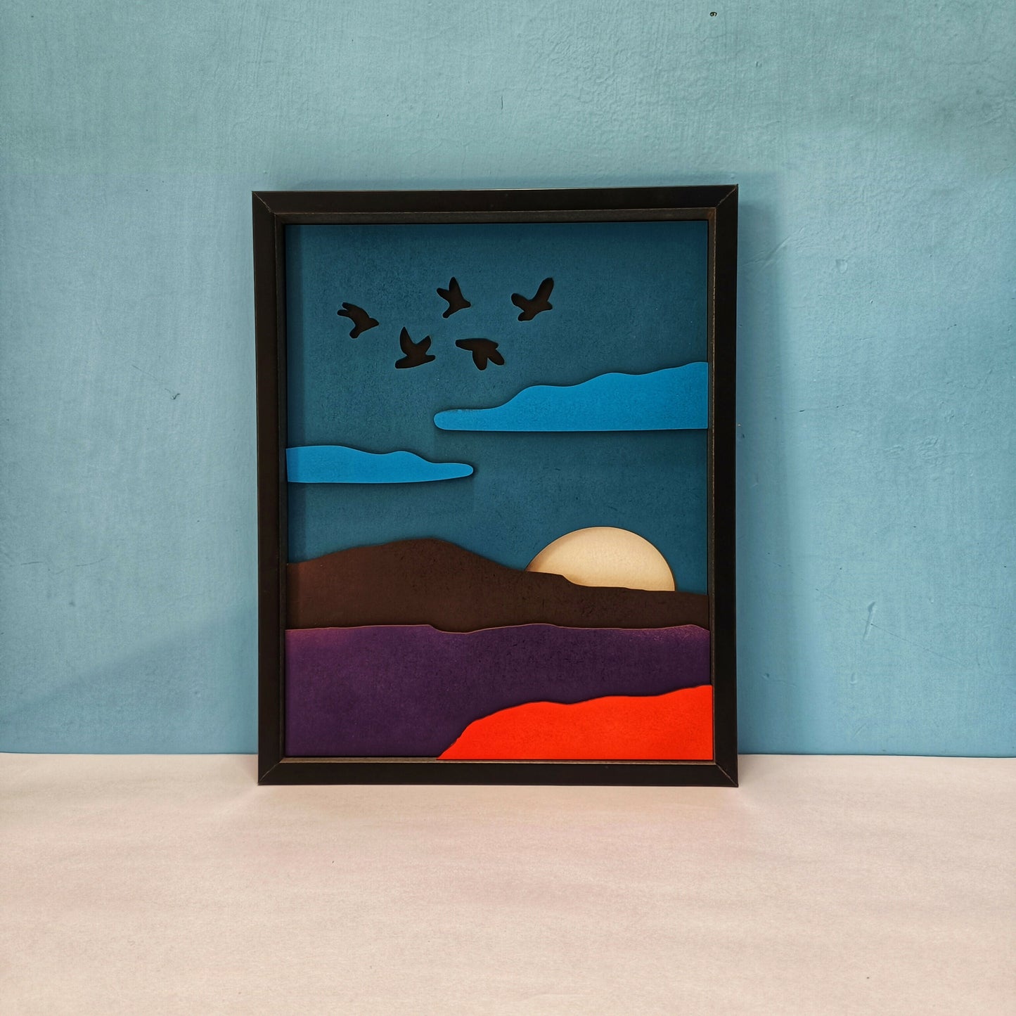 Handcrafted Wooden Mountain Wall Art – Nature Scene with Sun, Clouds & Birds | Minimal Landscape Wooden Frame | Eco-Friendly Wall Decor for Home & Office