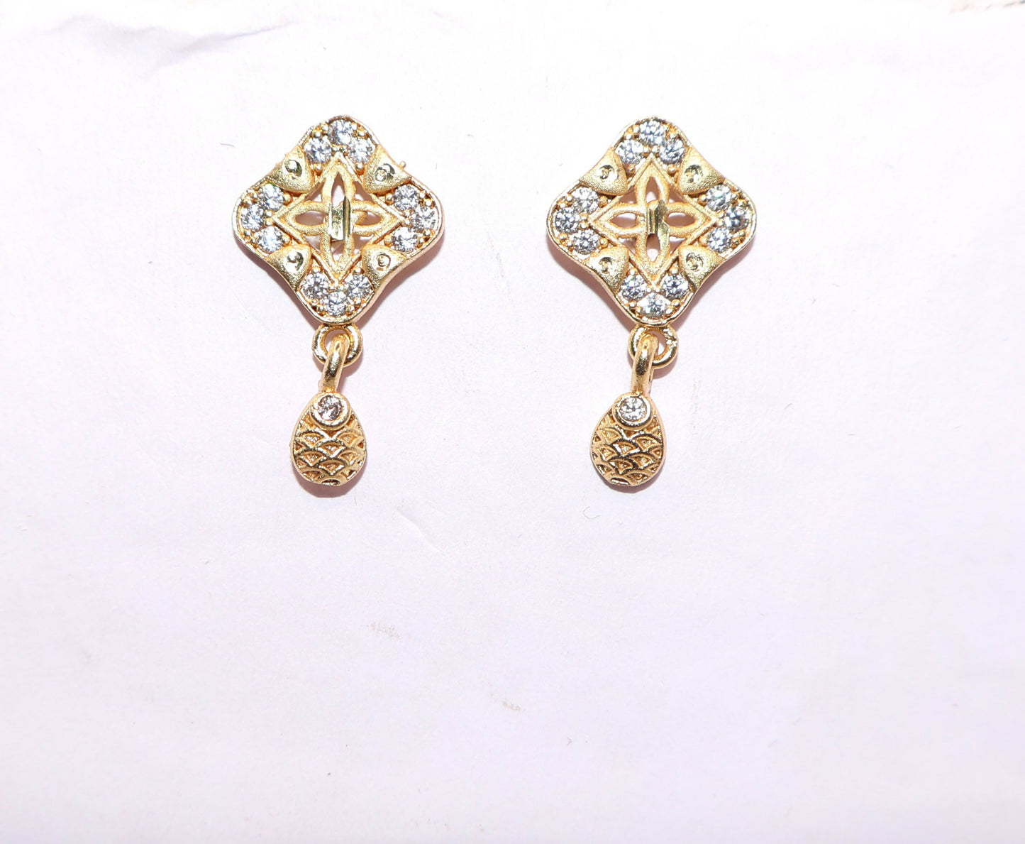 Pair of gold plated square stud earrings with delicate dangling drops