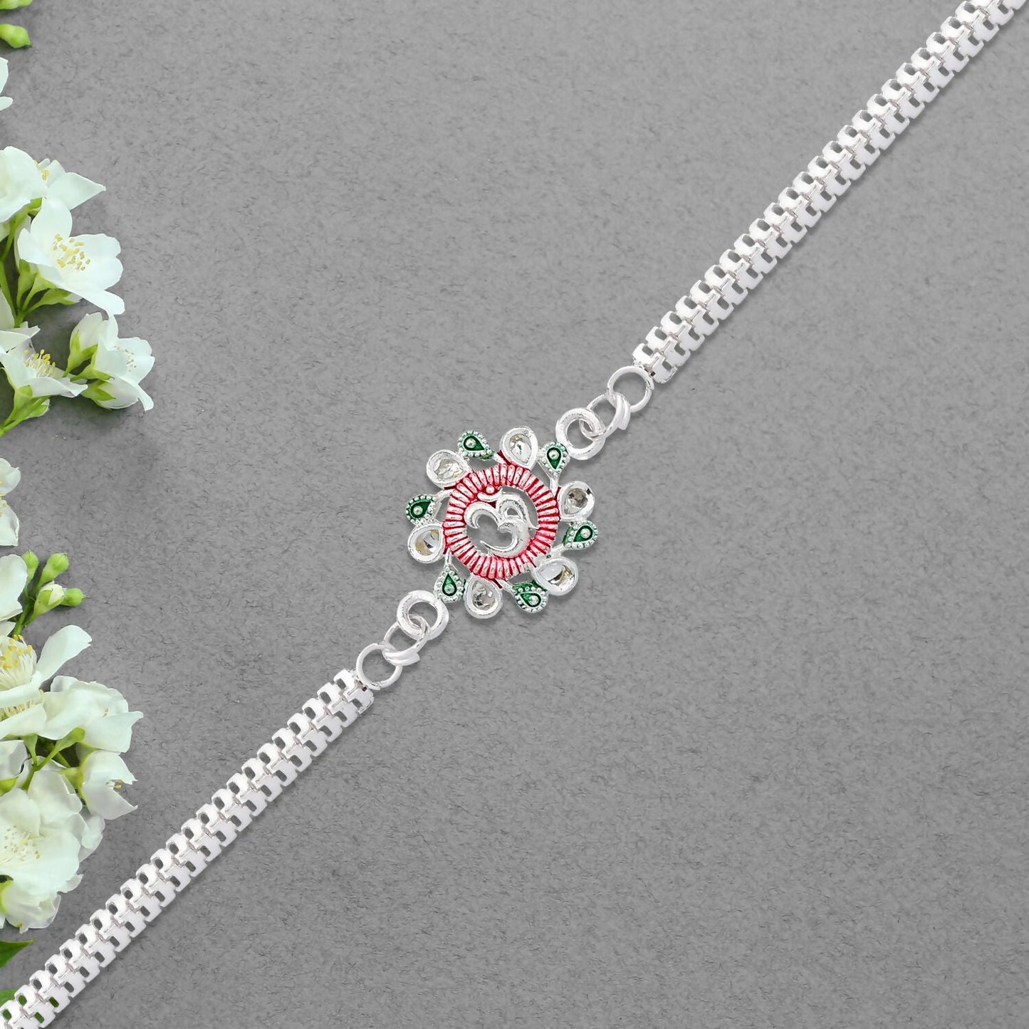 Om Rakhi Floral Design with Pink Green Accents for Raksha Bandhan (5pcs)