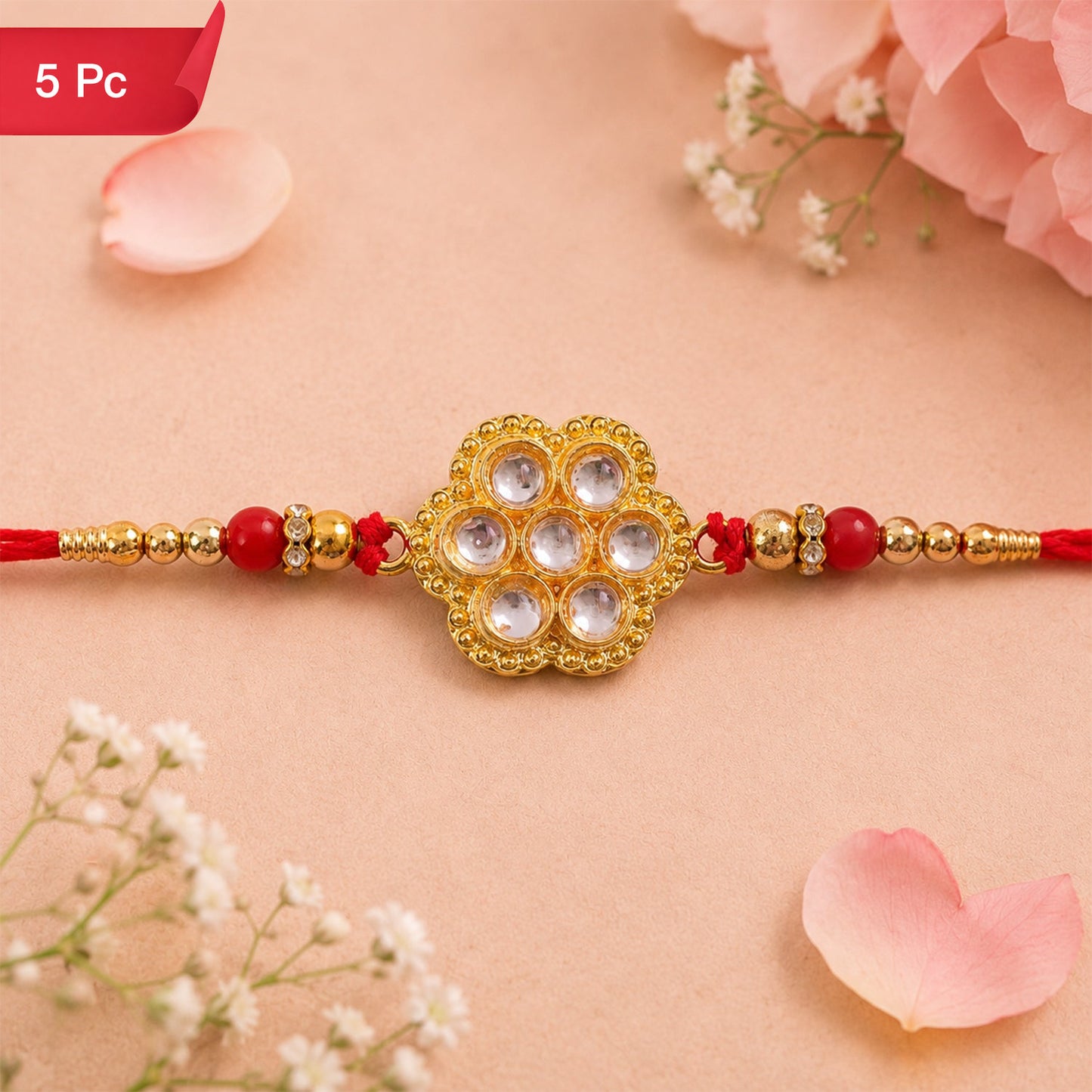 Kundan Rakhi Traditional Rudraksha Design for Brother (5pcs)