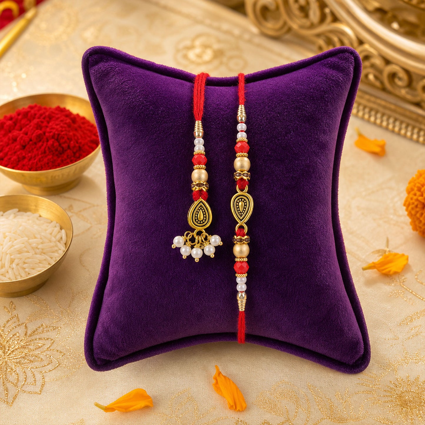 Graceful Teardrop Eye Bhai Bhabhi Rakhi with Drop Pendant and Pearl Tassel for Gift