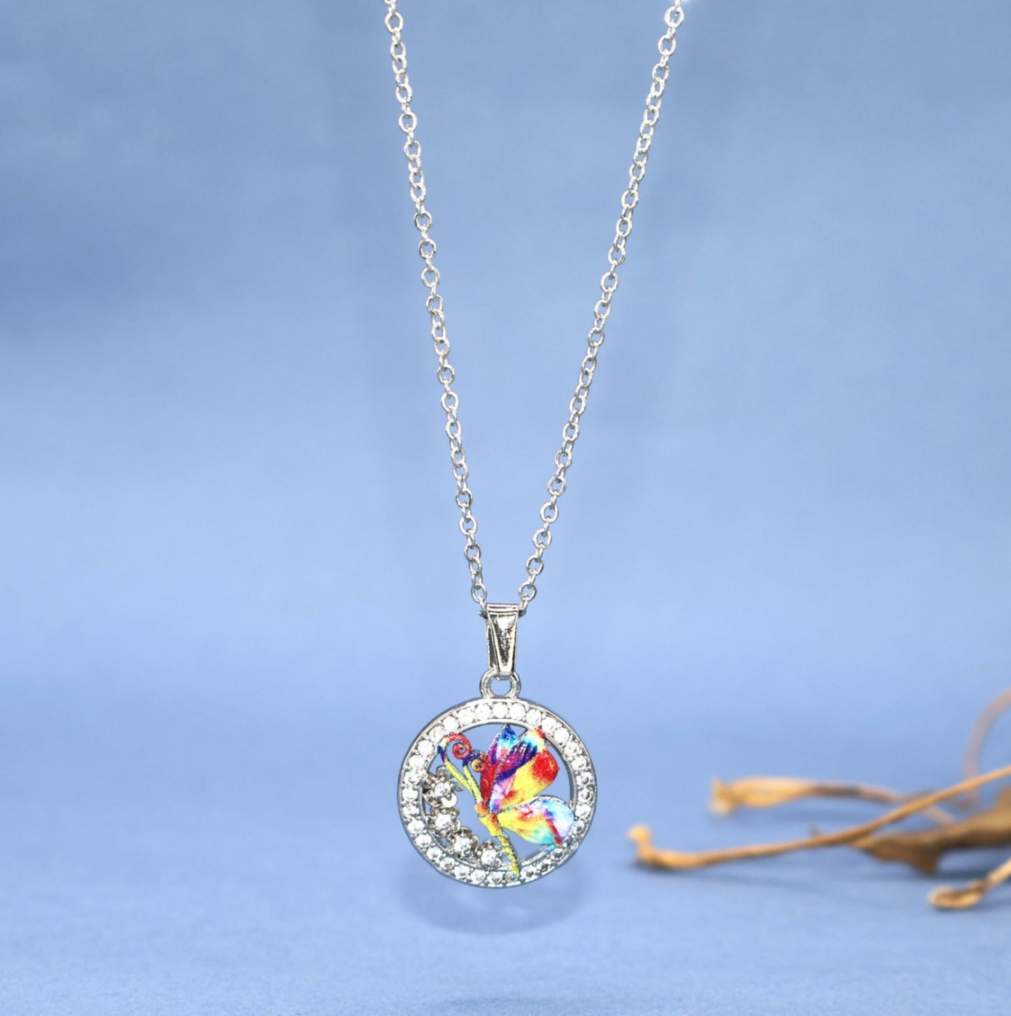 Rainbow Enamel Butterfly Circle AD Halo Pendant Necklace For women and girls
