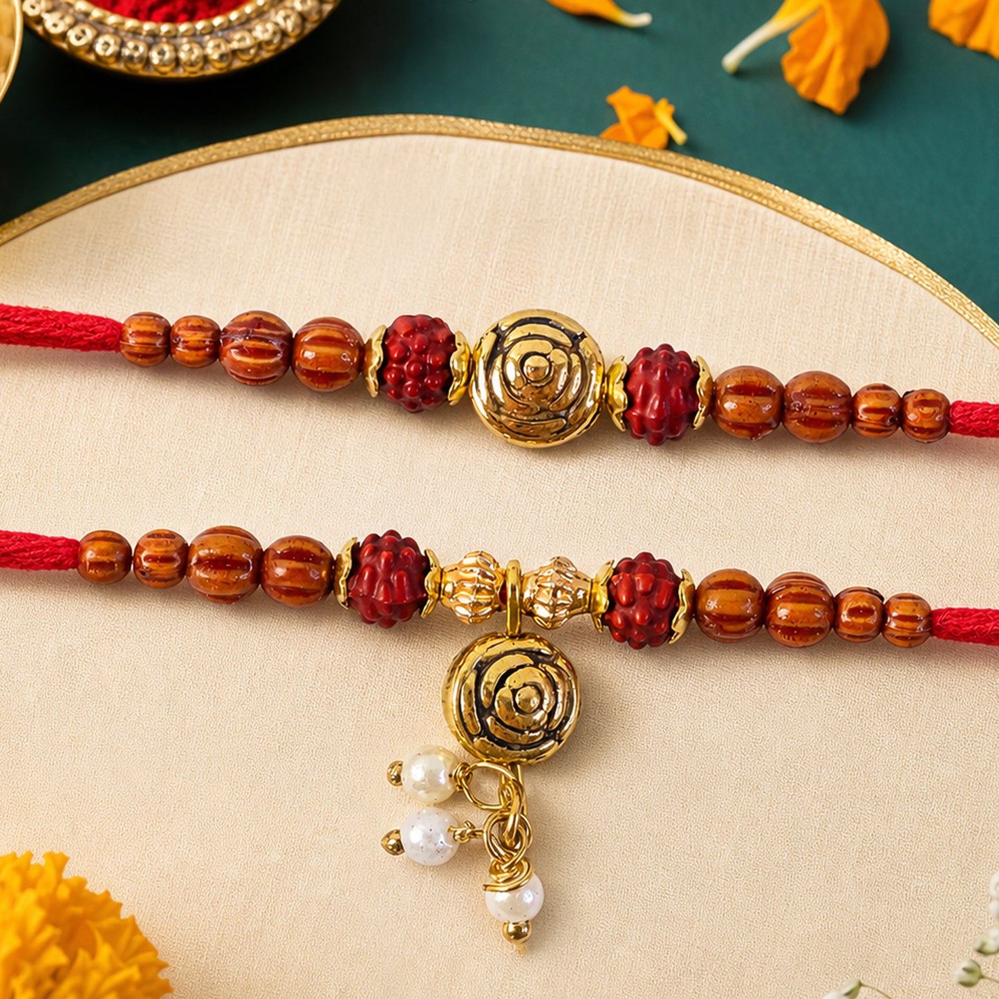 Amber Beaded Rose Couple Rakhi Set with Rudraksha Style Accents and Pearl Lumba Gift