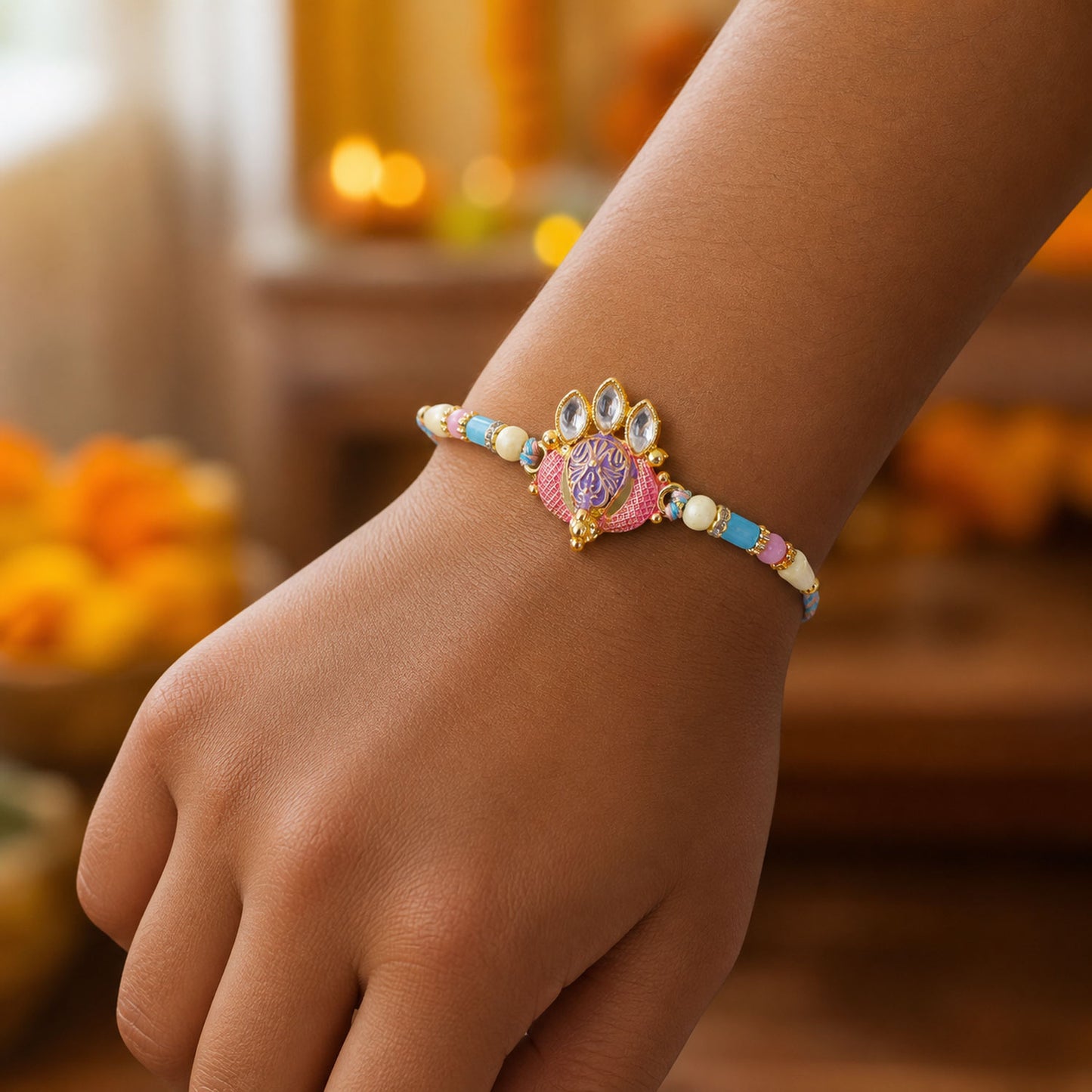 Coral Enamel Medallion Pendant Rakhi with Kundan Teardrop Stones