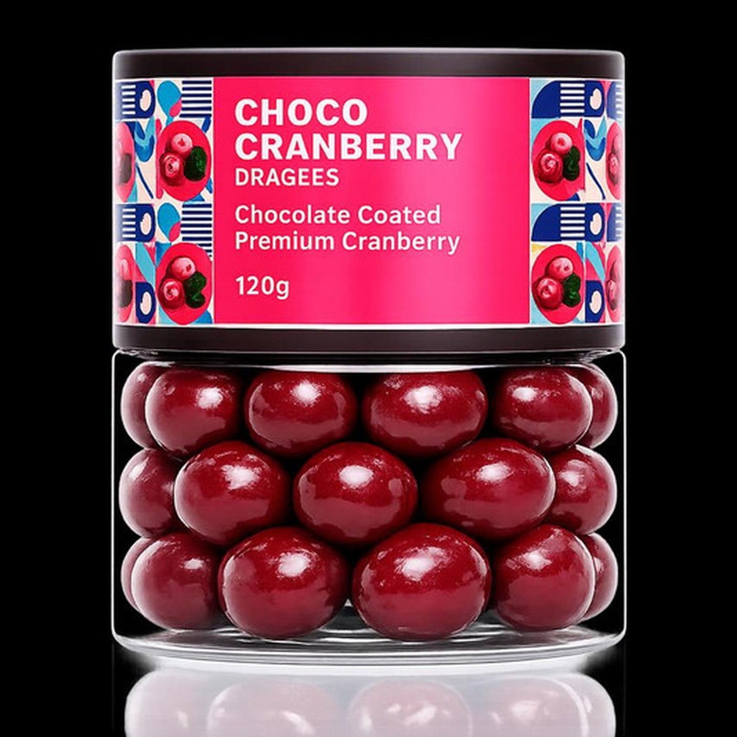 Choco cranberry dragees artfully arranged with fresh cranberries, emphasizing the fruit.