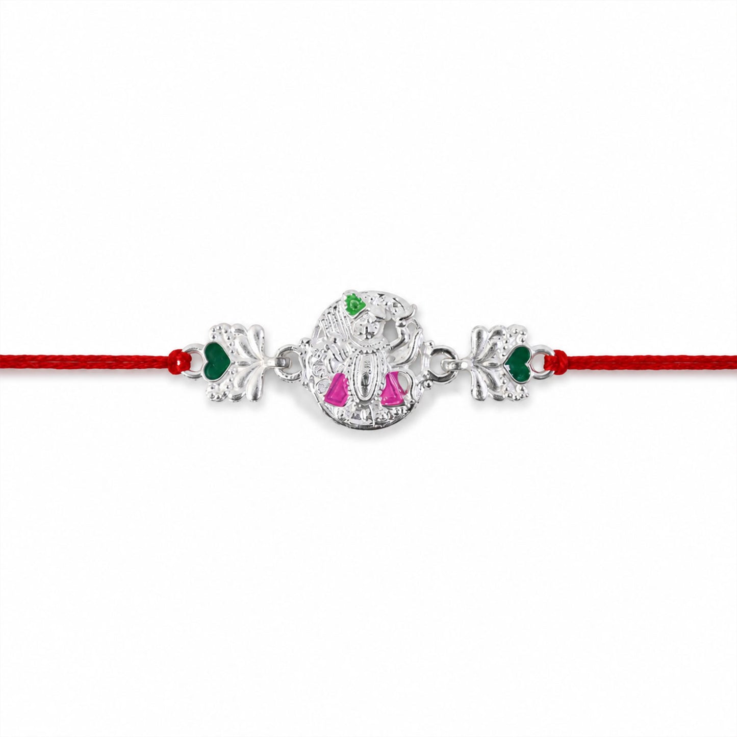 Silver Shrinathji Rakhi with Pink Green Stones and Elephant Charms