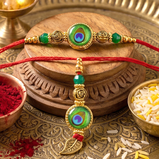 Morpich Bhaiya Bhabhi Lumba Rakhi with Green Beads and Gold Hanging Charm