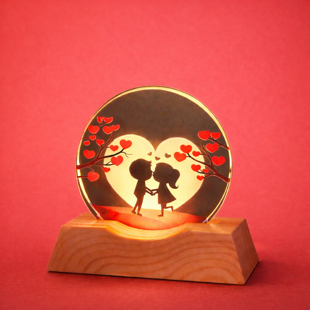 Romantic Couple LED Acrylic Lamp with Wooden Base | USB Powered Night Light