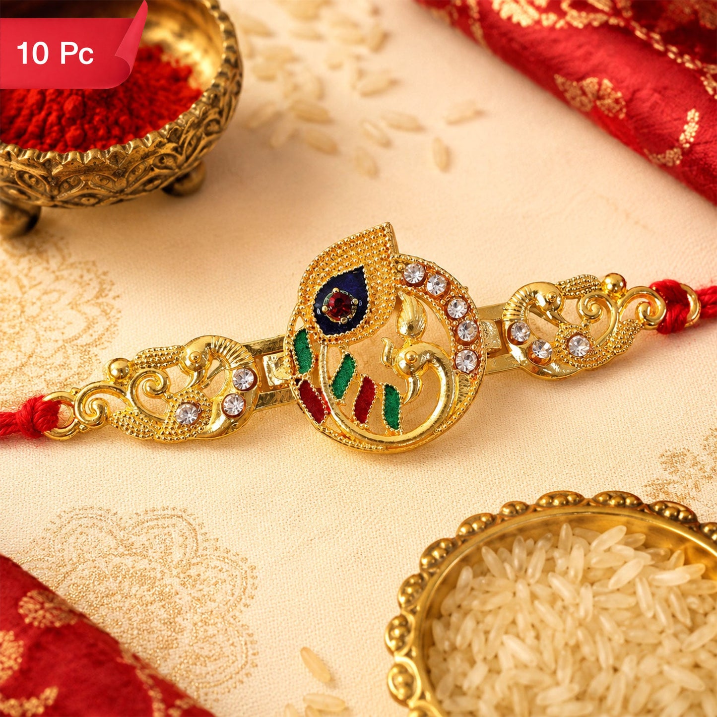 Krishna Flute Rakhi Golden Enamel Red Thread for Raksha Bandhan (10pcs)