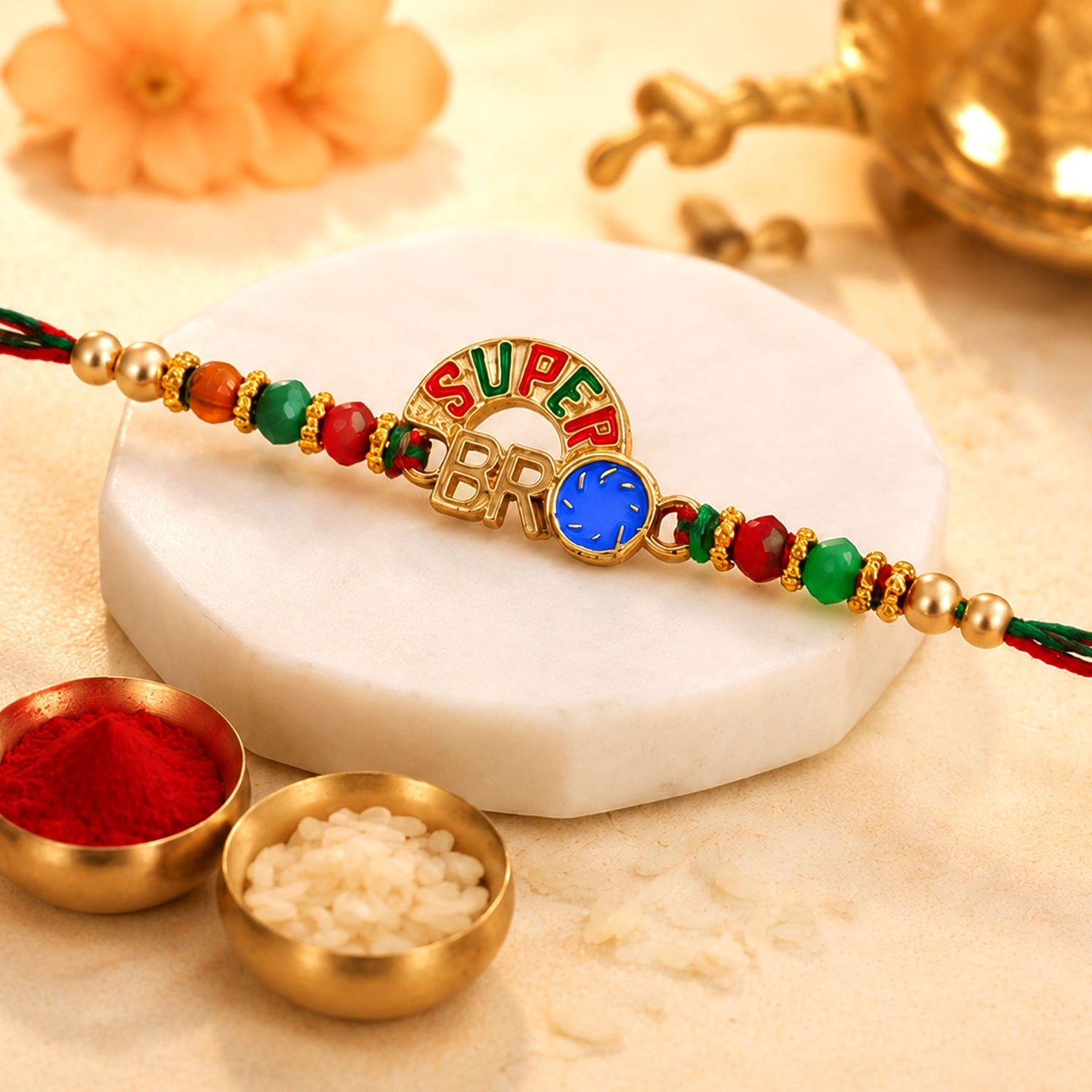Super Bro Golden Rakhi with Colorful Beads, Blue Charm and Premium Festive Look
