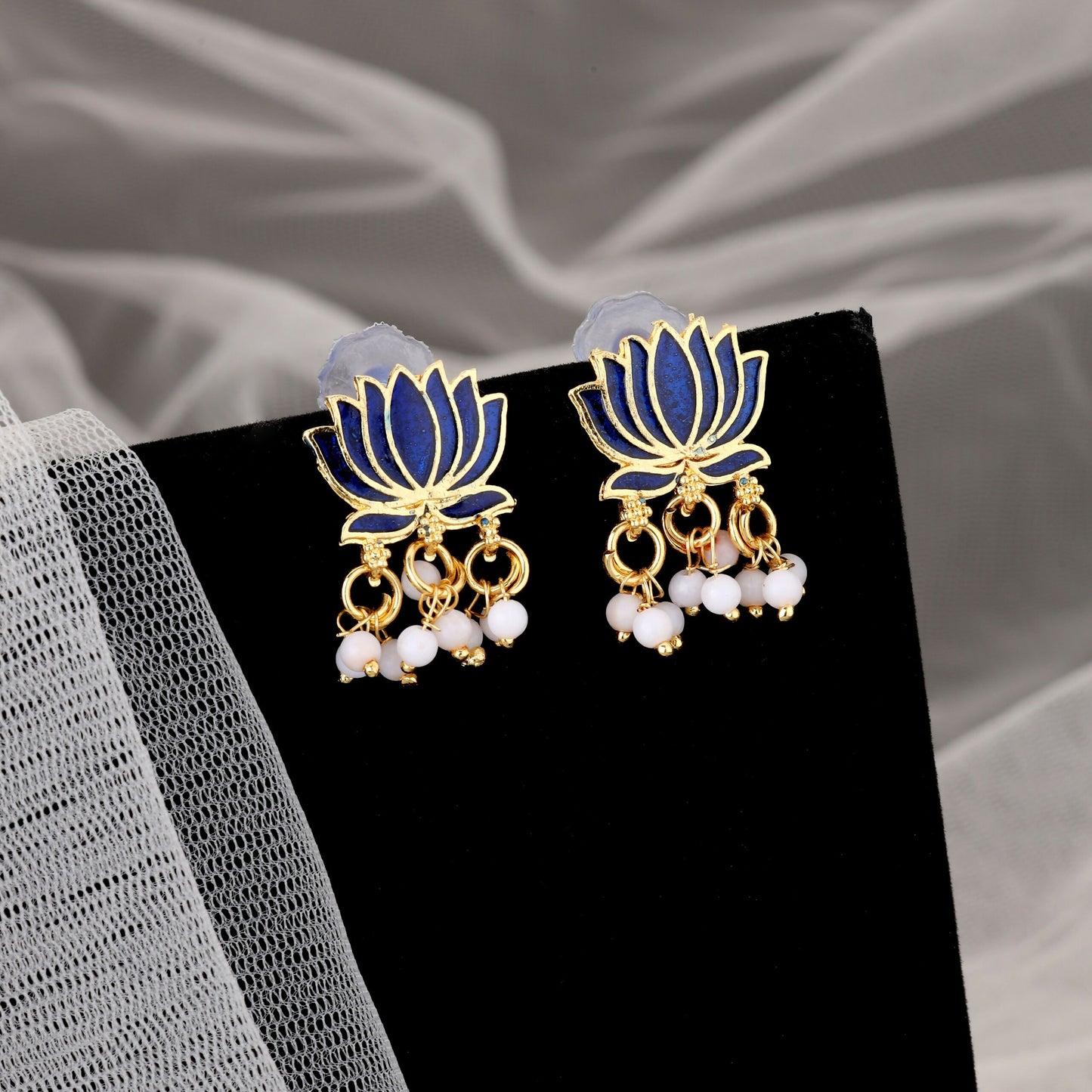 Gold Necklace with Blue Lotus & White Beads Pendant for Women Stylish Jewelry Set