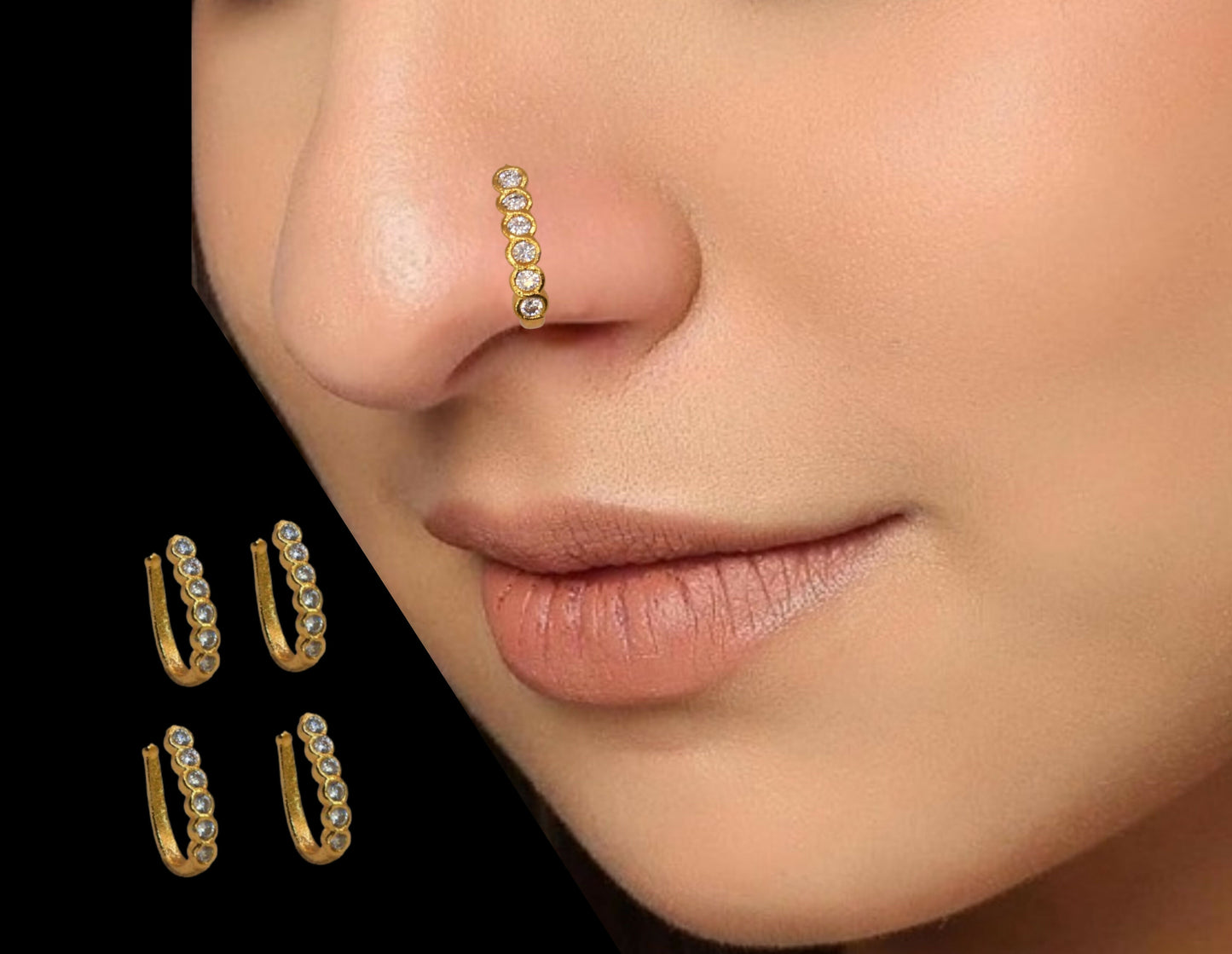 Gold Plated Diamond Look AD Nose Pin (4-Pack)