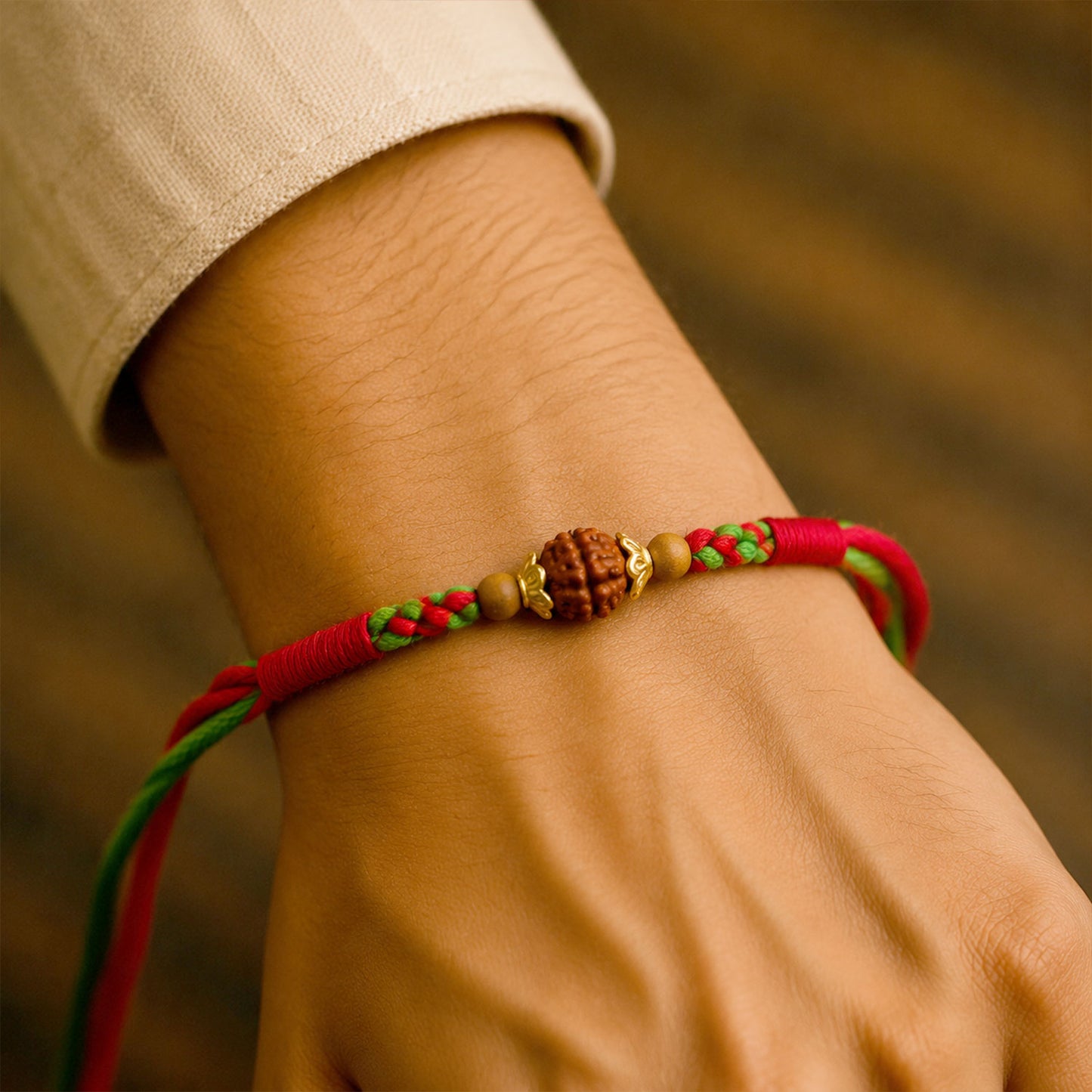 Green Red Designer Rakhi with Golden Bead Accents and Traditional Festive Beauty