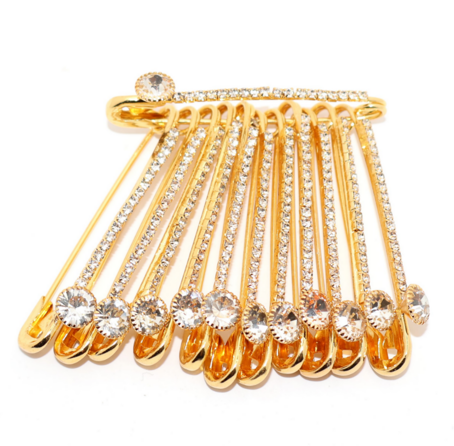 Gold Plated Rhinestone Dangle Saree Pin Brooch - Crystal Accent Clip