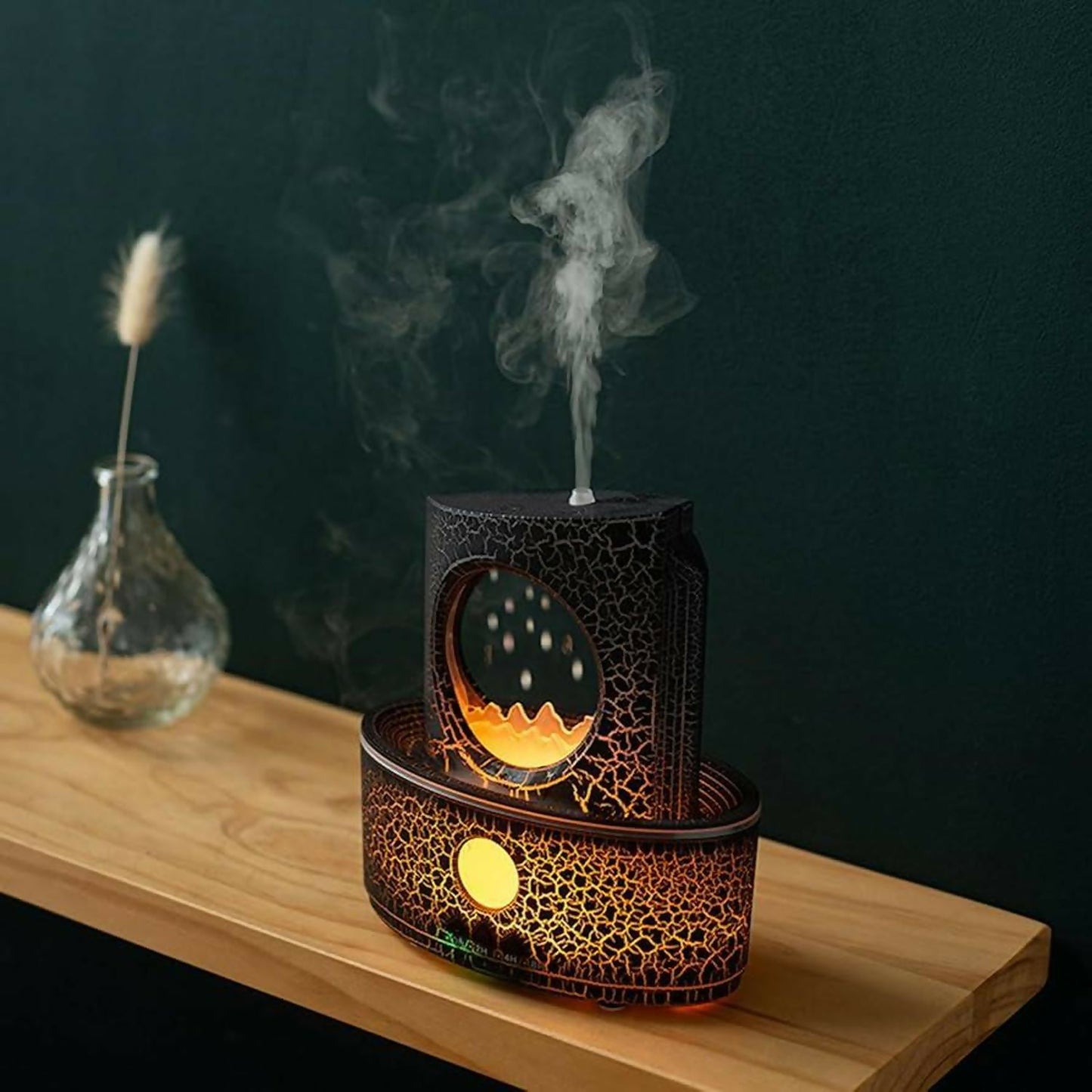 Mountain Scene Aroma Diffuser with LED Flame & Mist | Crackle Design Humidifier
