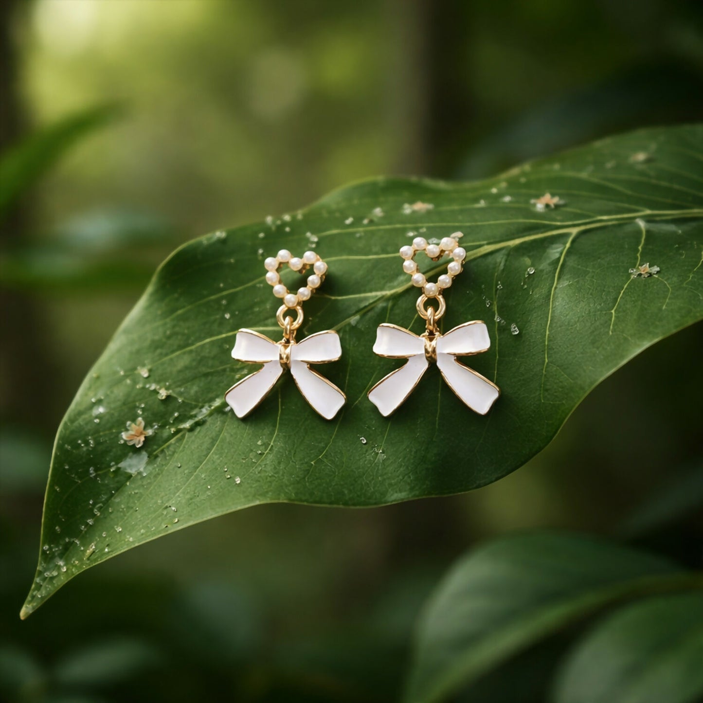 Vintage style pearl and gold earrings angled on white surface