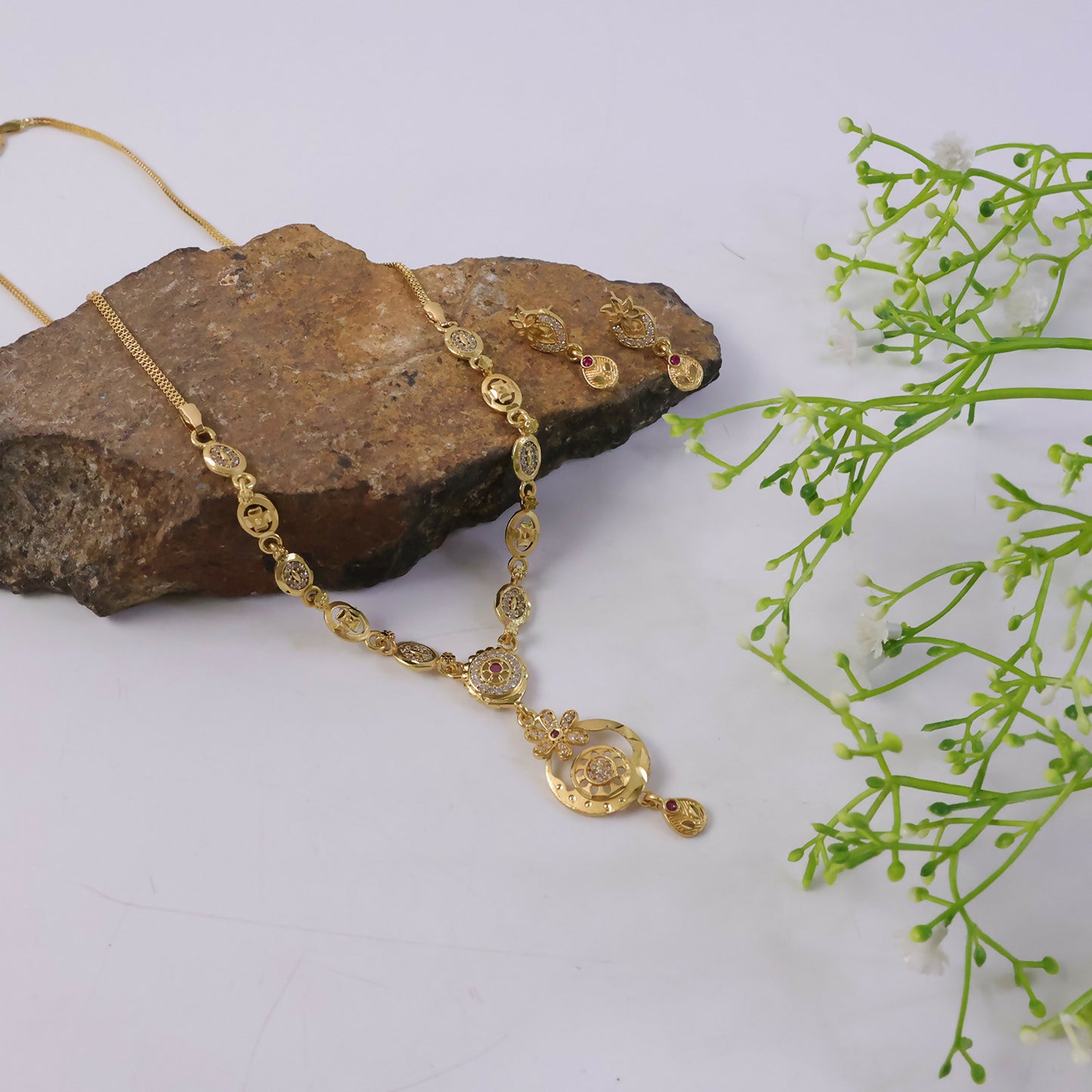 Stylish Gold-Tone Circular Pendant Necklace Set with Floral Accent & Matching Earrings