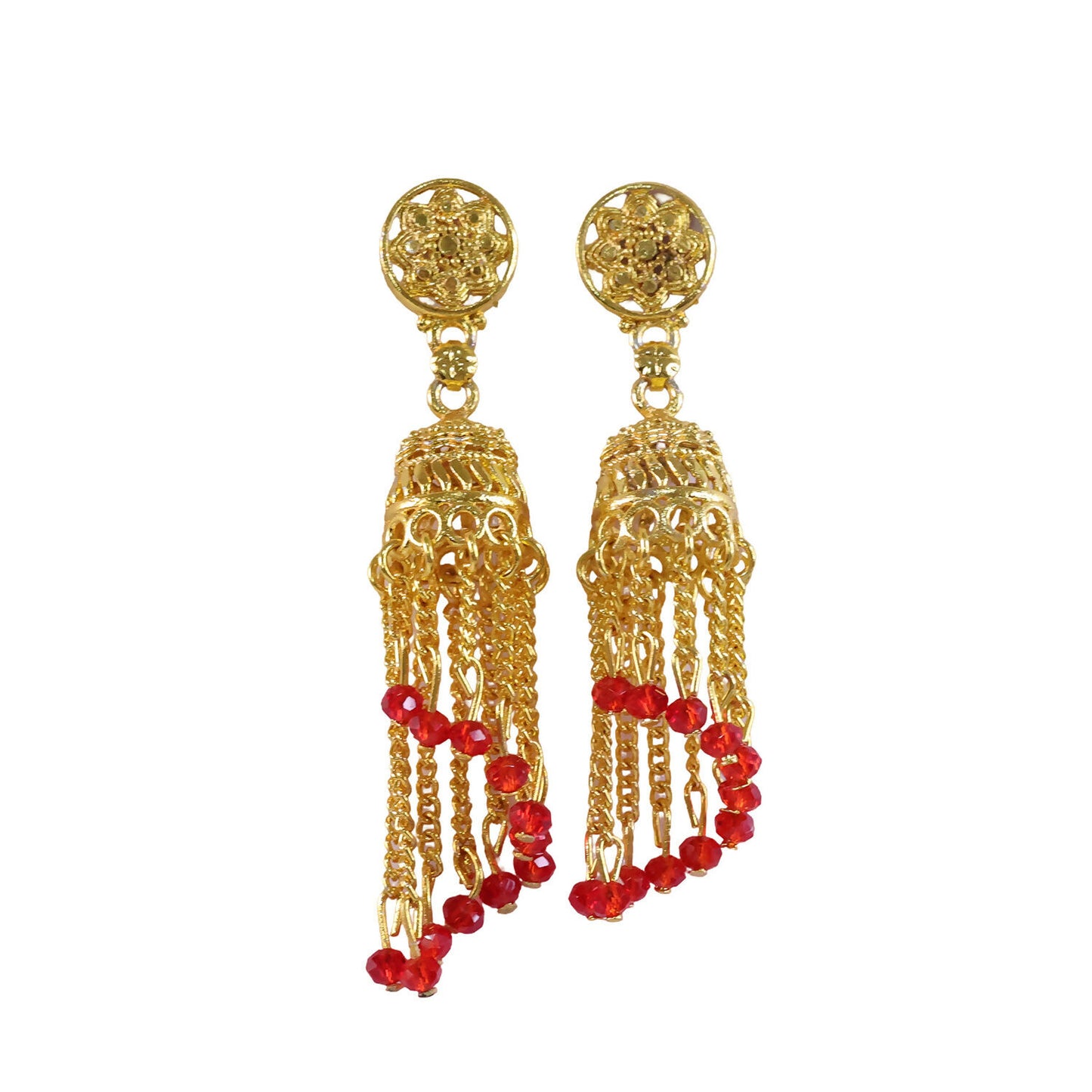Traditional Gold Tone Chain Tassel Jhumka Earrings with Red Beads Long Ethnic Dangle Earrings for Women