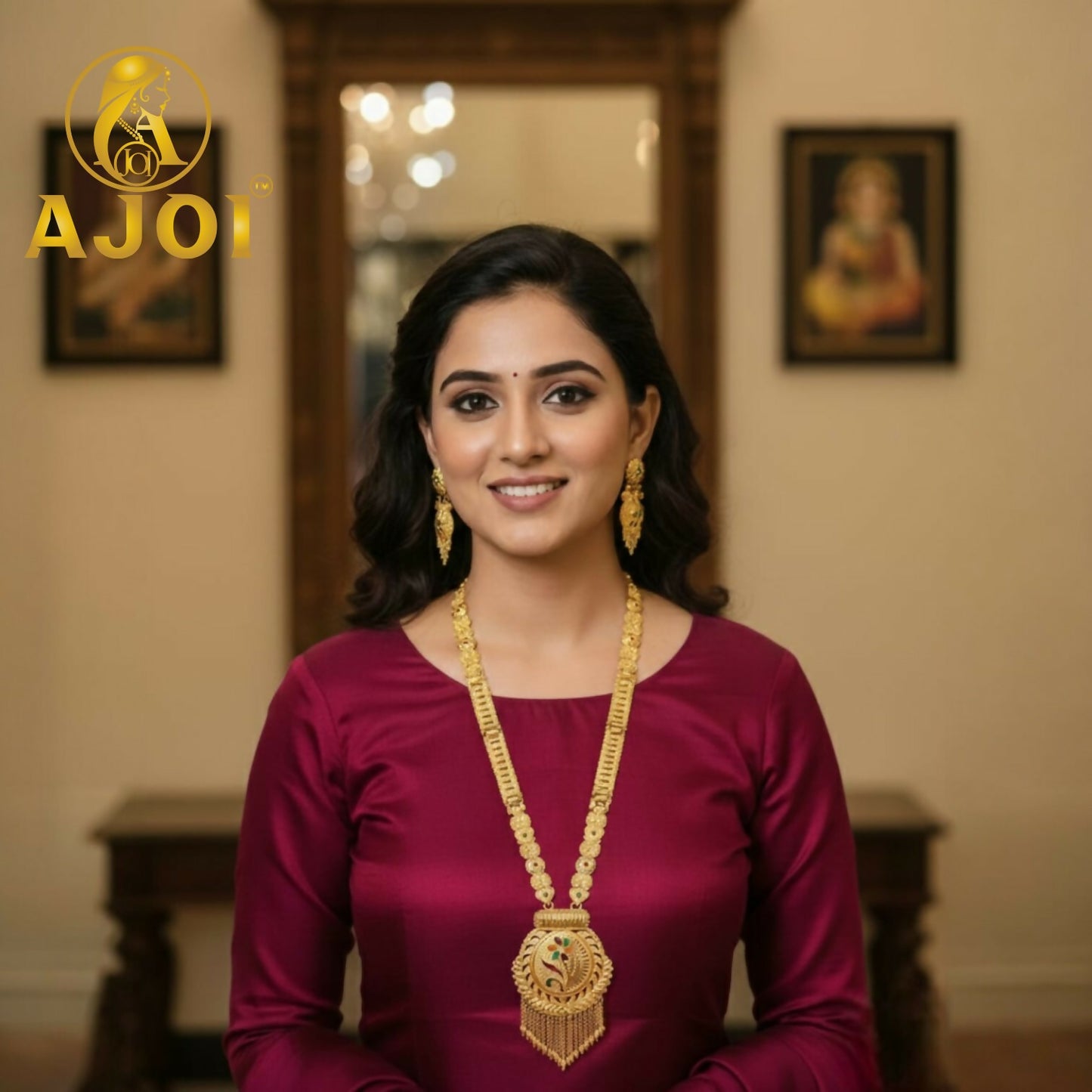Close-up of statement pendant on Kundan Long Necklace Set with ornate gold-toned filigree and colorful enamel highlights