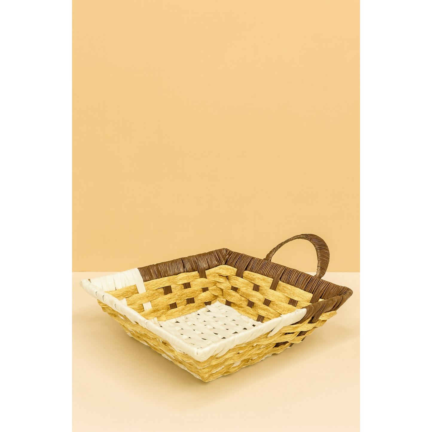 Handcrafted Rectangular Woven Storage Basket – White, Beige & Brown Multipurpose Decorative Organizer with Handle for Fruits, Bread, Snacks, Dry Fruits, Gift Hampers & Table Décor