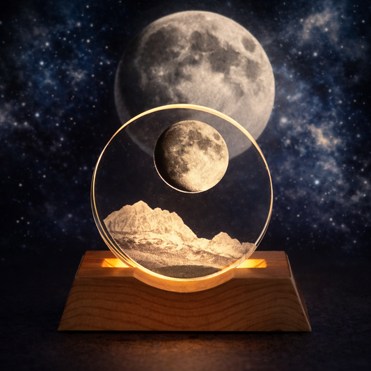 Crystal Moon LED Night Lamp with Wooden Base for Bedroom & Home Décor