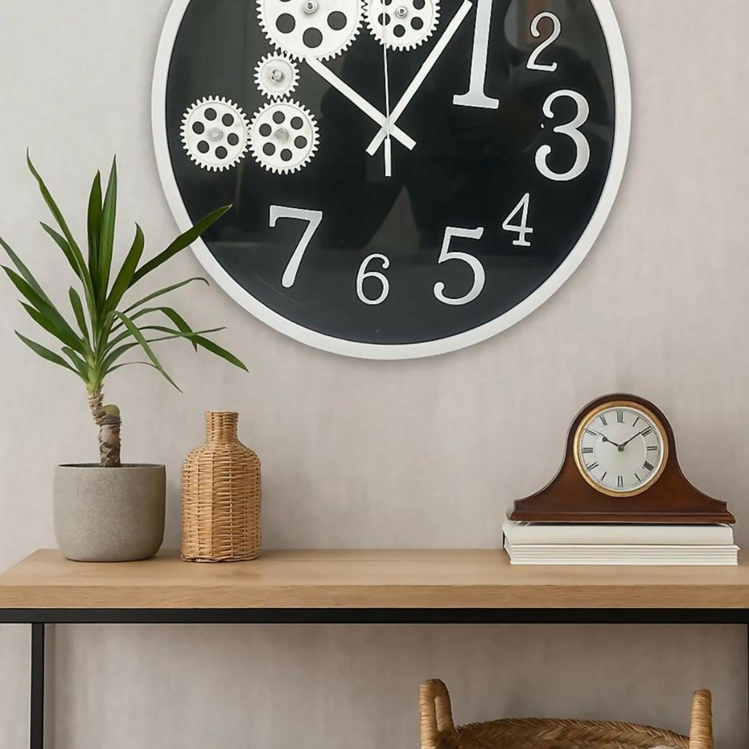 Modern Gear Design Wall Clock for Living Room, Bedroom & Office – Large Decorative Round Analog Clock with Unique Number Style & Black-White Contrast – Silent Quartz Movement, Home Wall Décor