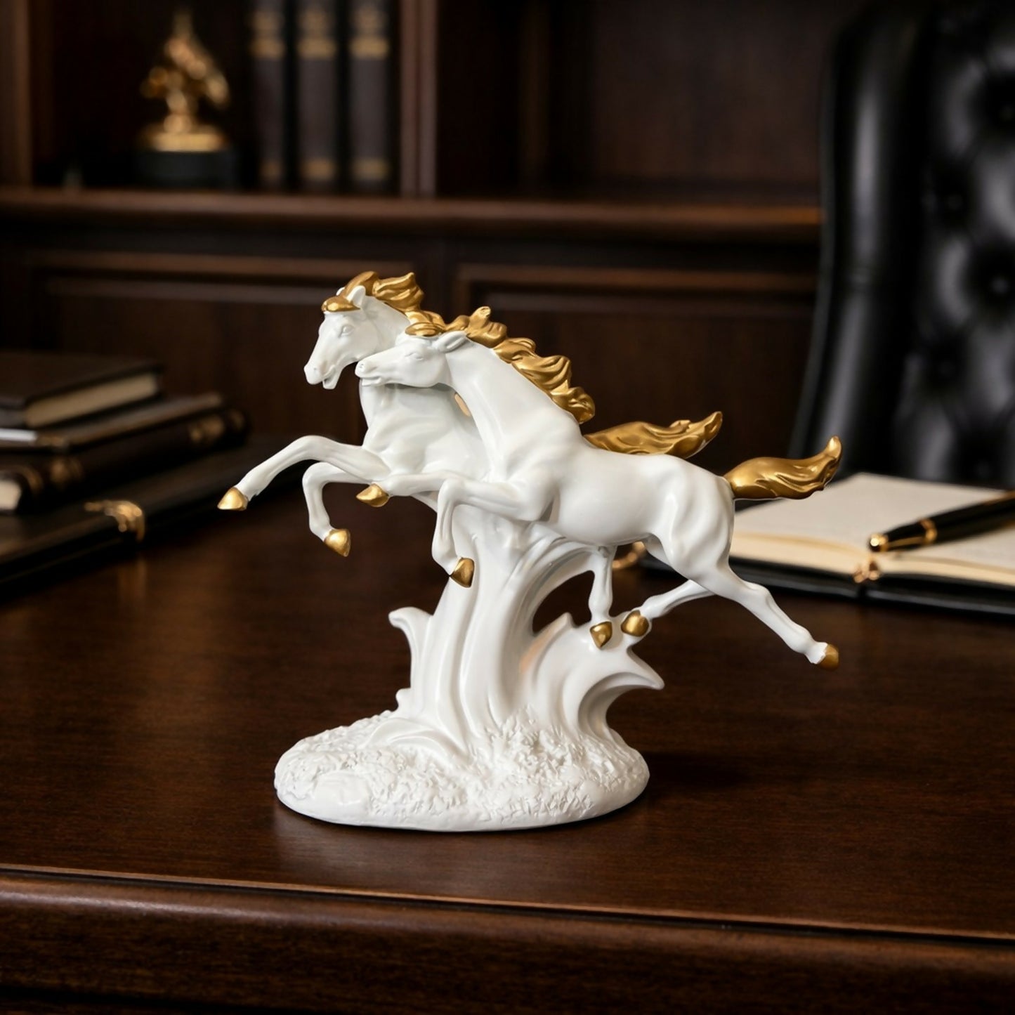 Running Horse Pair Showpiece for Home Decor | White & Gold Finish