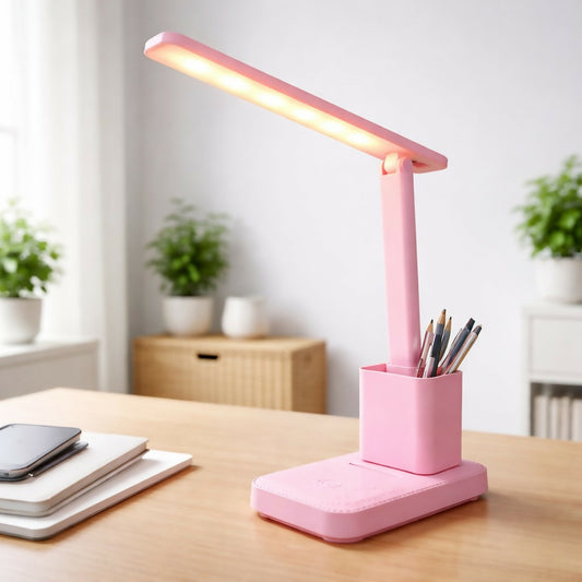 Pink LED study table lamp on desk with pen holder