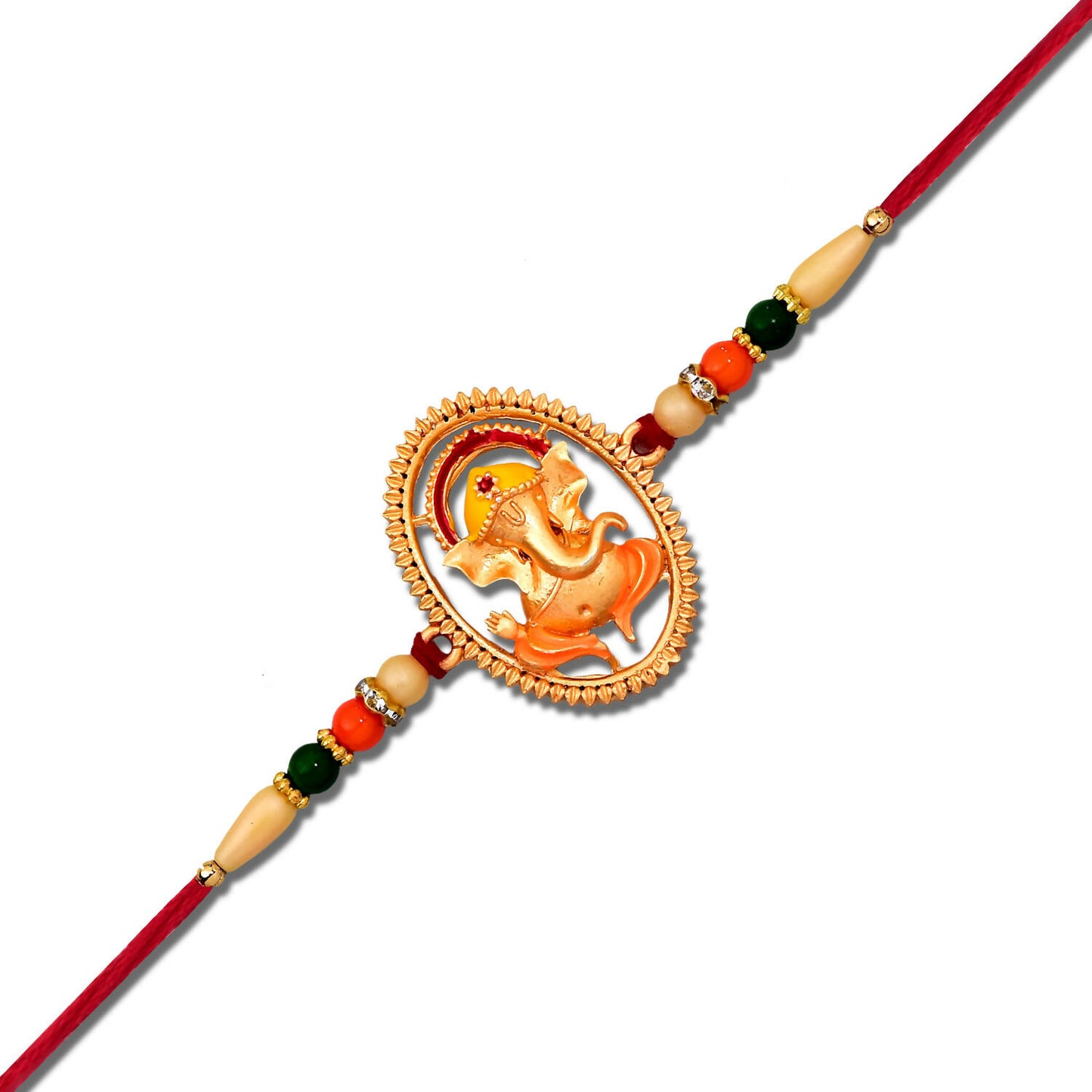 Designer Ganesha rakhi with rich colors symbolizing love and protection for siblings