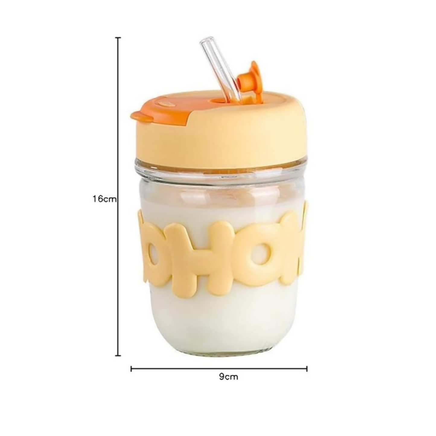 HOHO Cute Glass Milk Jar with Straw & Silicone Lid | 400ml Leakproof Reusable Smoothie Cup | Aesthetic Mason Jar Tumbler for Milk, Juice & Coffee | Pastel Yellow Silicone Grip | Eco-Friendly Glass Cup