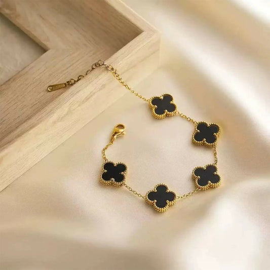 Gold Plated Black Clover Charm Bracelet for Women & Girls – Elegant Designer Chain Bracelet
