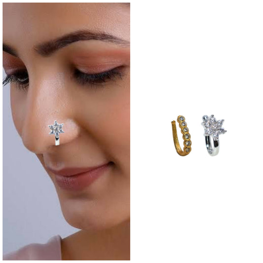 Rhodium Plated Star Flower Press Nose Pin for Women Combo Pack of 2
