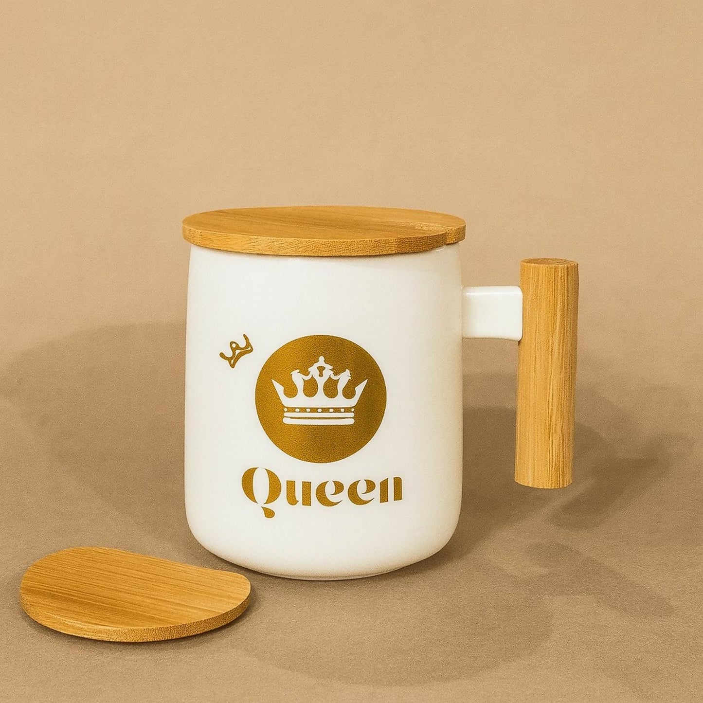 Premium King & Queen Ceramic Mug Set with Wooden Lid & Handle | Luxury Crown Design Coffee & Tea Mugs | Elegant Gift Set for Couples, Husband Wife, Anniversary, Birthday, Valentine, Home & Office Use
