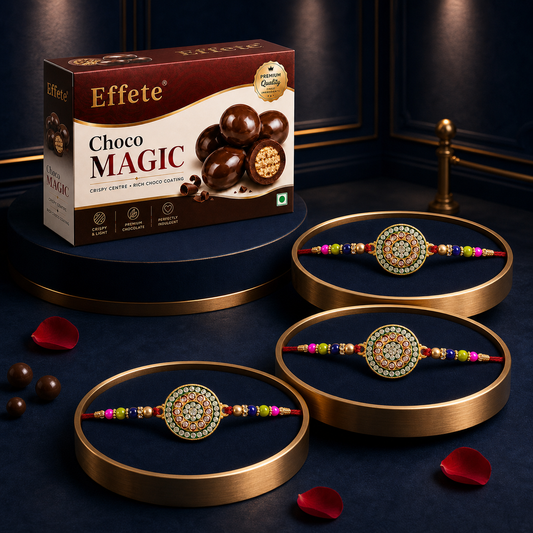 Kundan Stone Rakhi Set with Choco Magic, Pack of 3