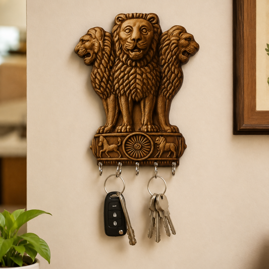 Ashoka Lion wooden key holder with 5 hooks on a wall