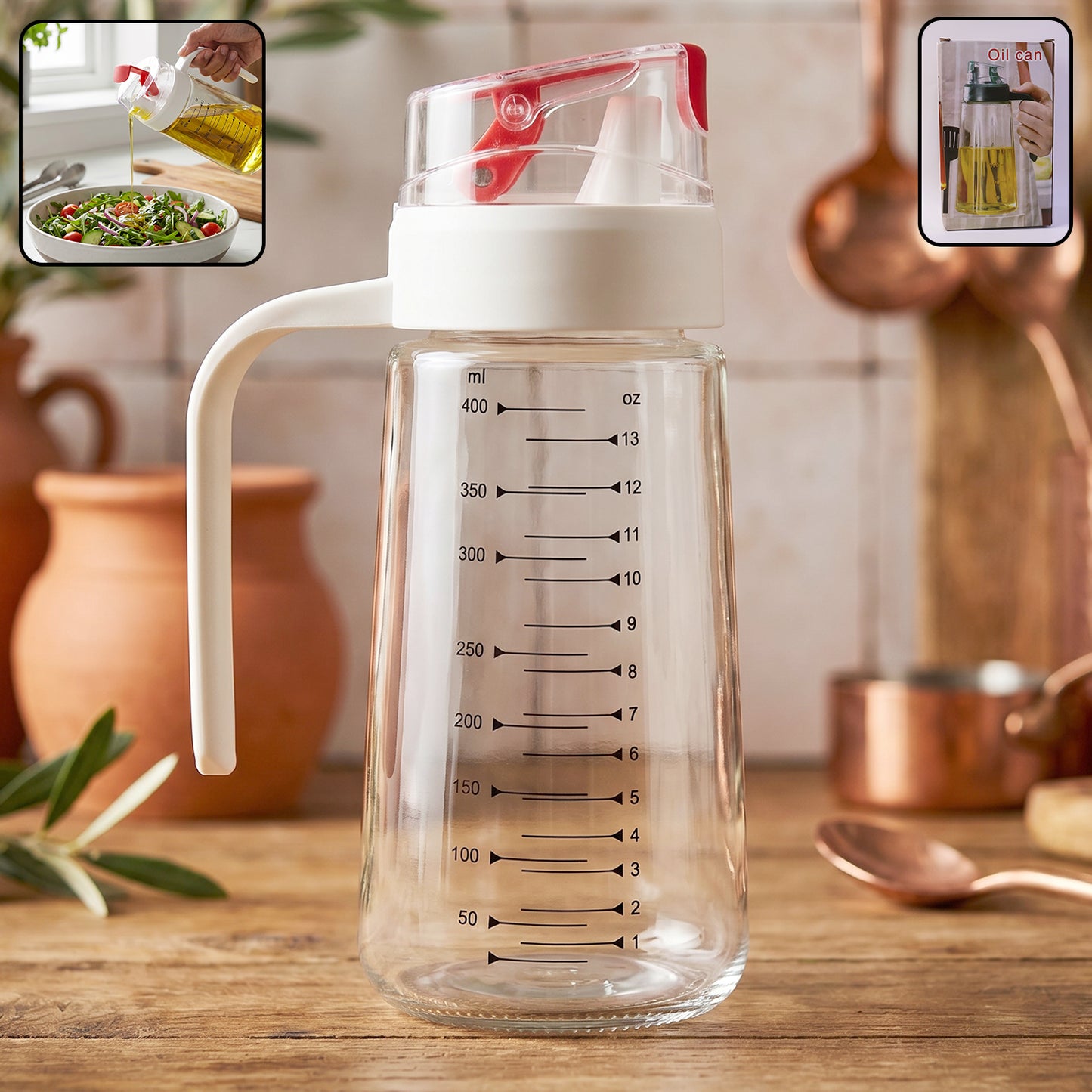 500ml Glass Oil Dispenser Bottle on Kitchen Counter with Close-up of Pouring and Side Handle