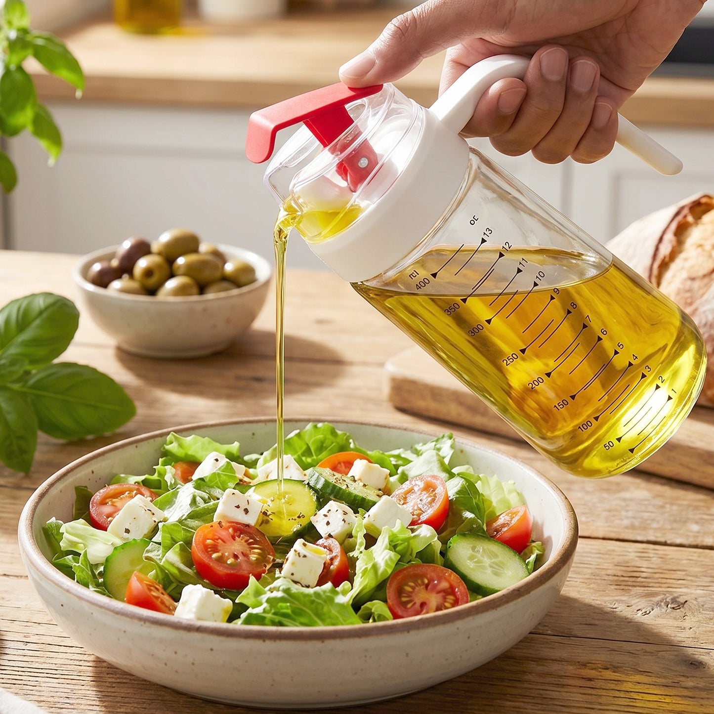 Hand Pouring Olive Oil from Glass Dispenser Bottle with Red Auto-Flip Lever onto Salad