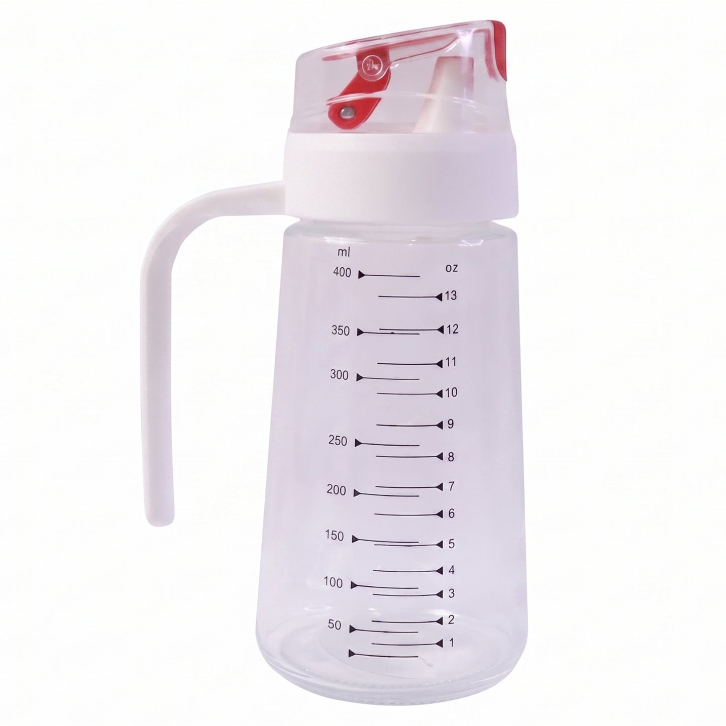 Clear 500ml Glass Oil Dispenser Bottle with White Side Handle and Red Auto-Flip Lid on White Background