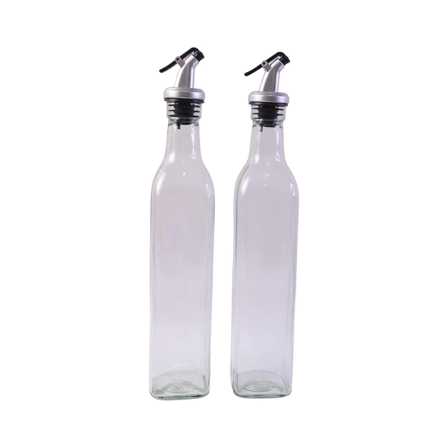 Pair of Glass Oil Dispenser Bottles White Background