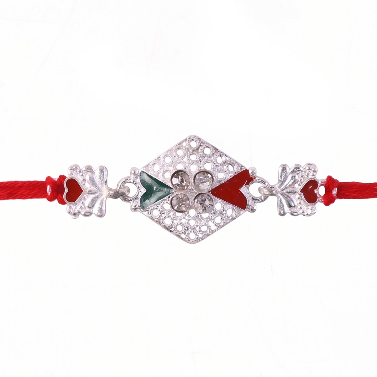 Silver Elephant Charm Rakhi with Red Green Stones and Crystals