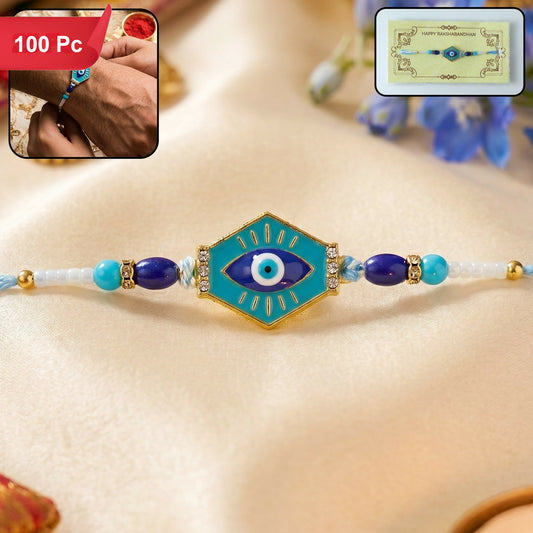 A blue and gold evil eye bracelet with beads on a light fabric, with two inset images in the top corners.