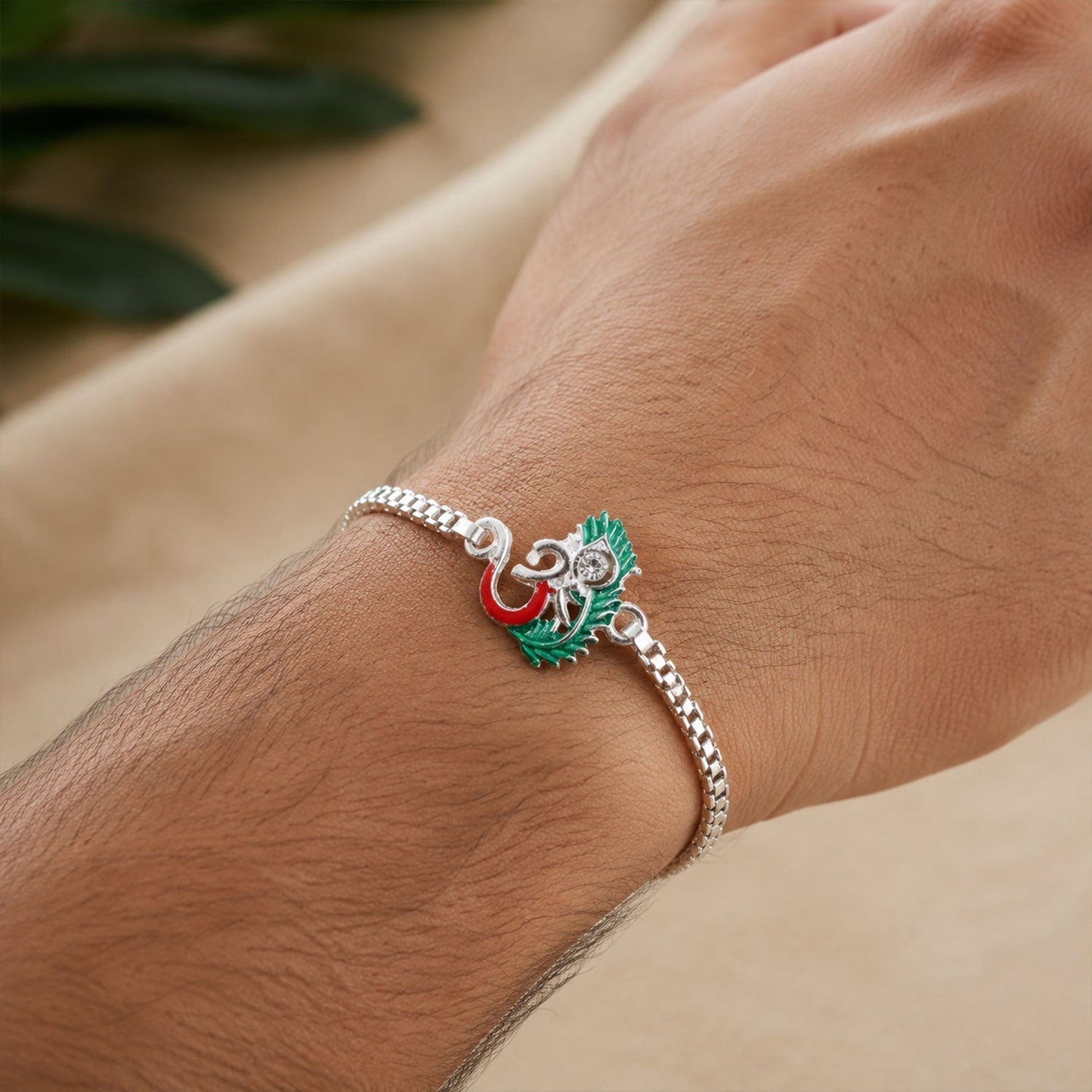 Om Charm Morpankh Silver Chain Crystal Diamond Rakhi for Brother (5pcs)