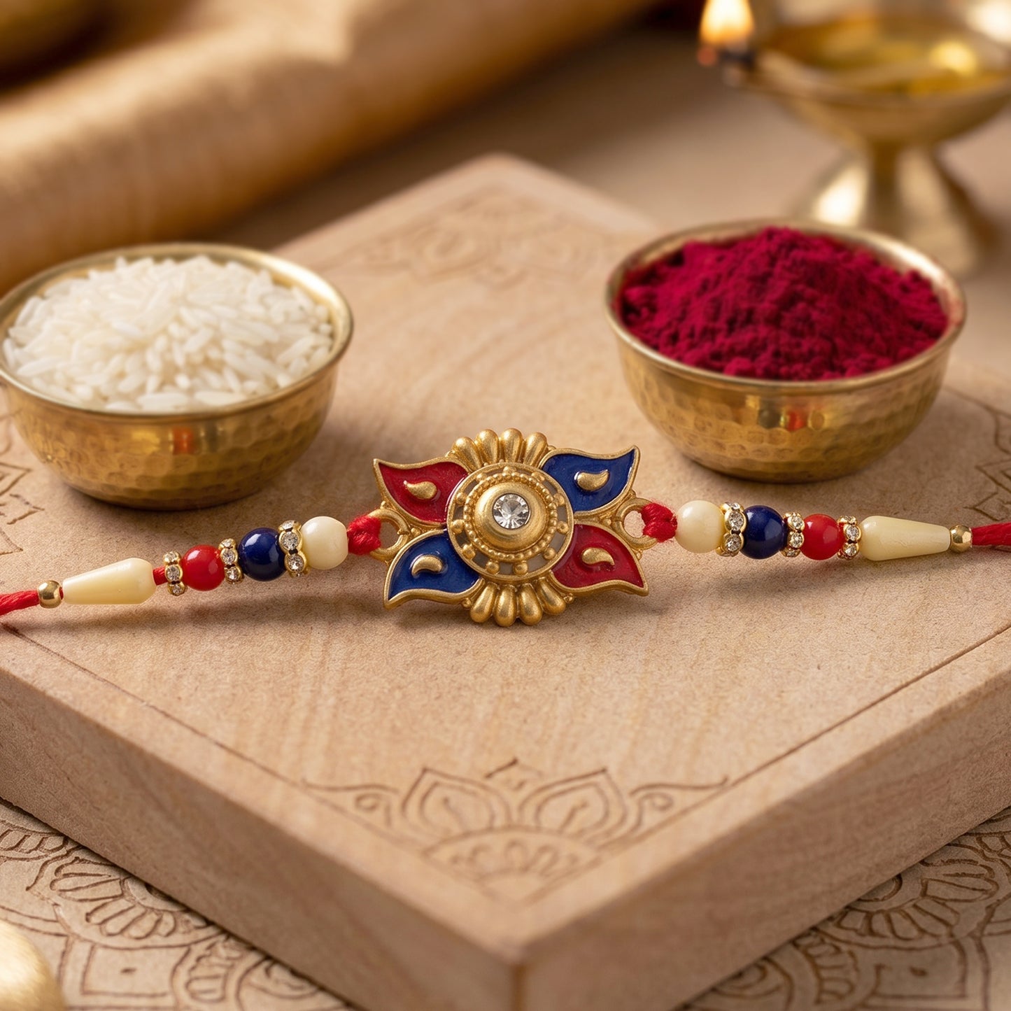 Gold Sunburst Rakhi with Blue Red Beads and Pearl Accents
