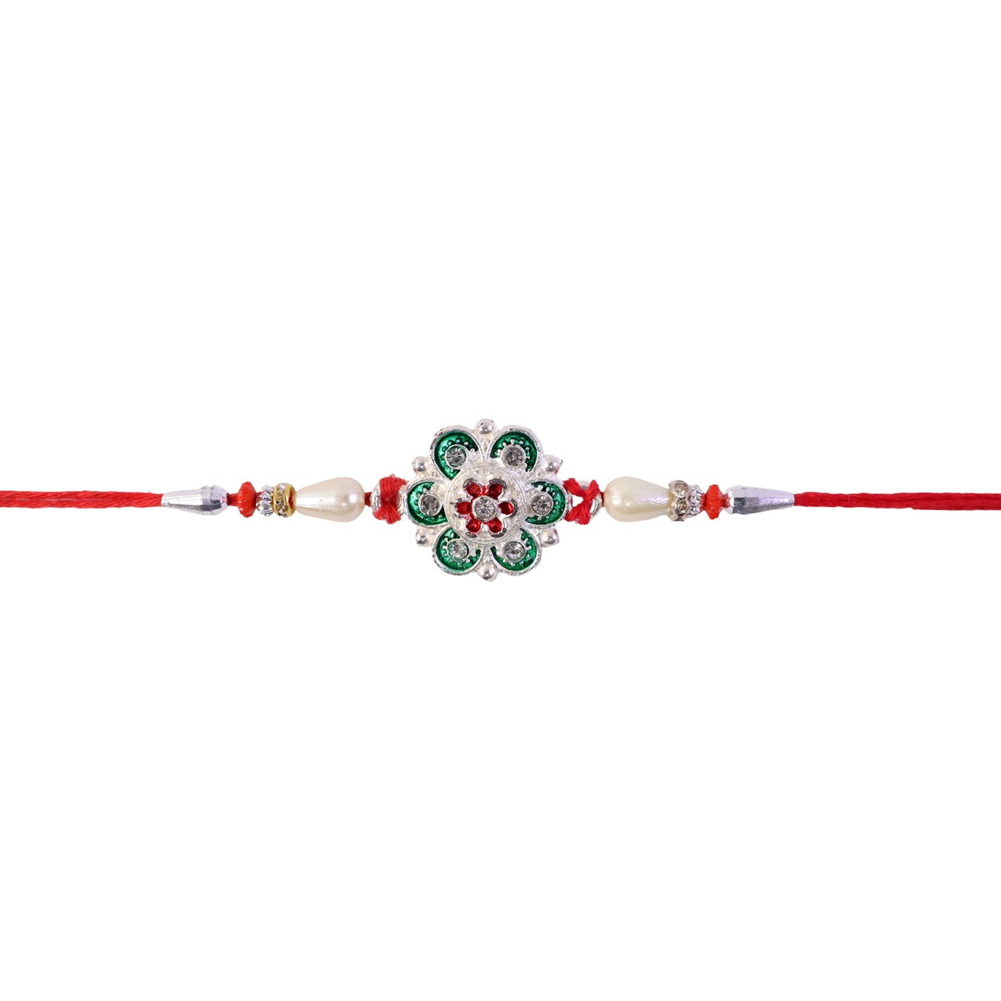 Green Flower Rakhi with Red Beads and Pearl Thread Styling