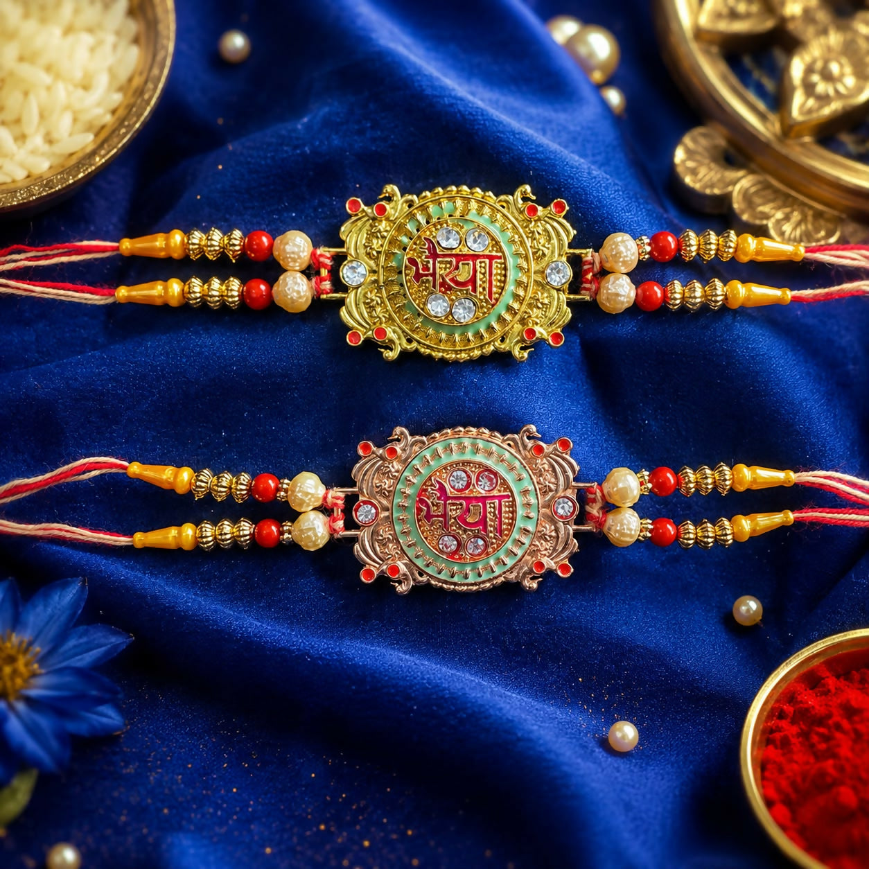 Two ornate Rakhis on a vibrant blue fabric, one gold with green enamel, the other rose gold with pink, surrounded by pearls