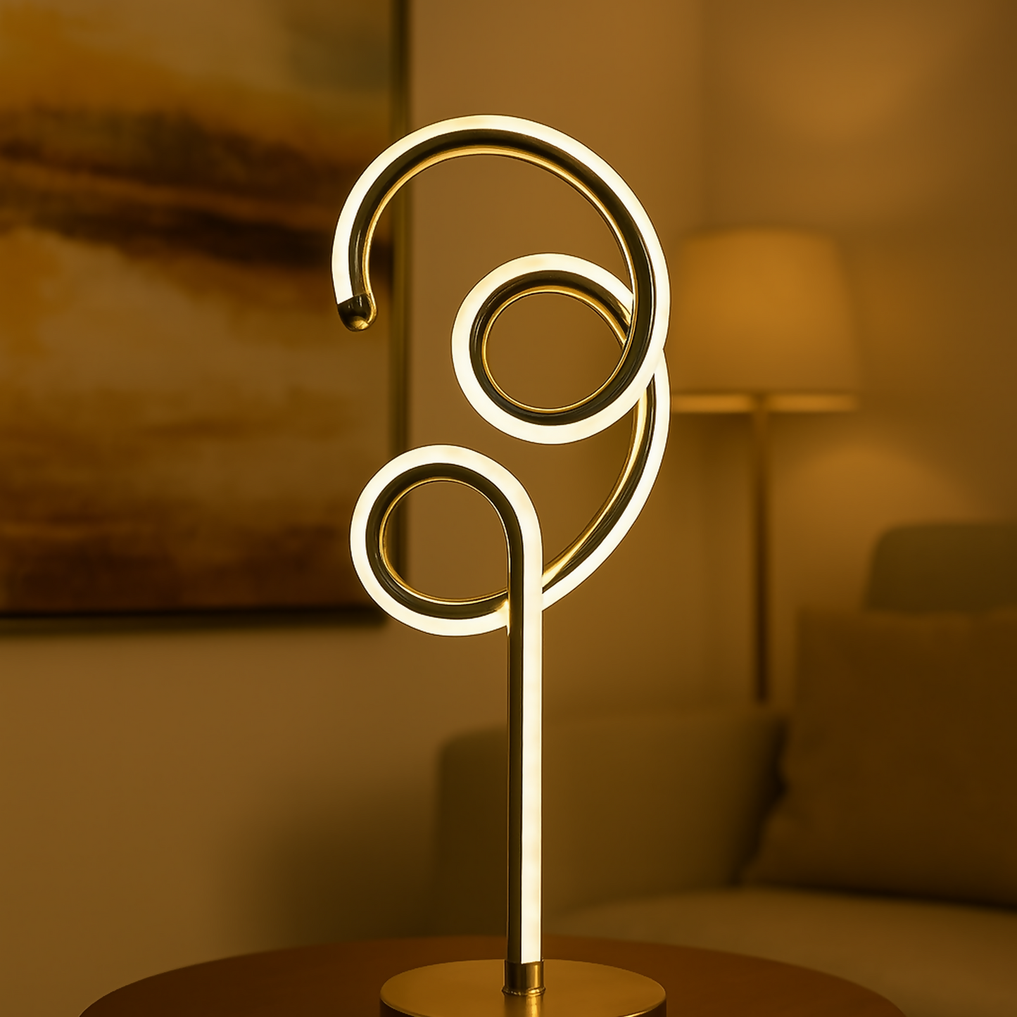 Modern Luxury Spiral LED Table Lamp for Home Décor | Golden Metal Artistic Spiral Design Ambient Light | Warm LED Mood Night Lamp for Bedroom, Living Room, Side Table, Office Decoration | Energy-Efficient Decorative Desk Lamp